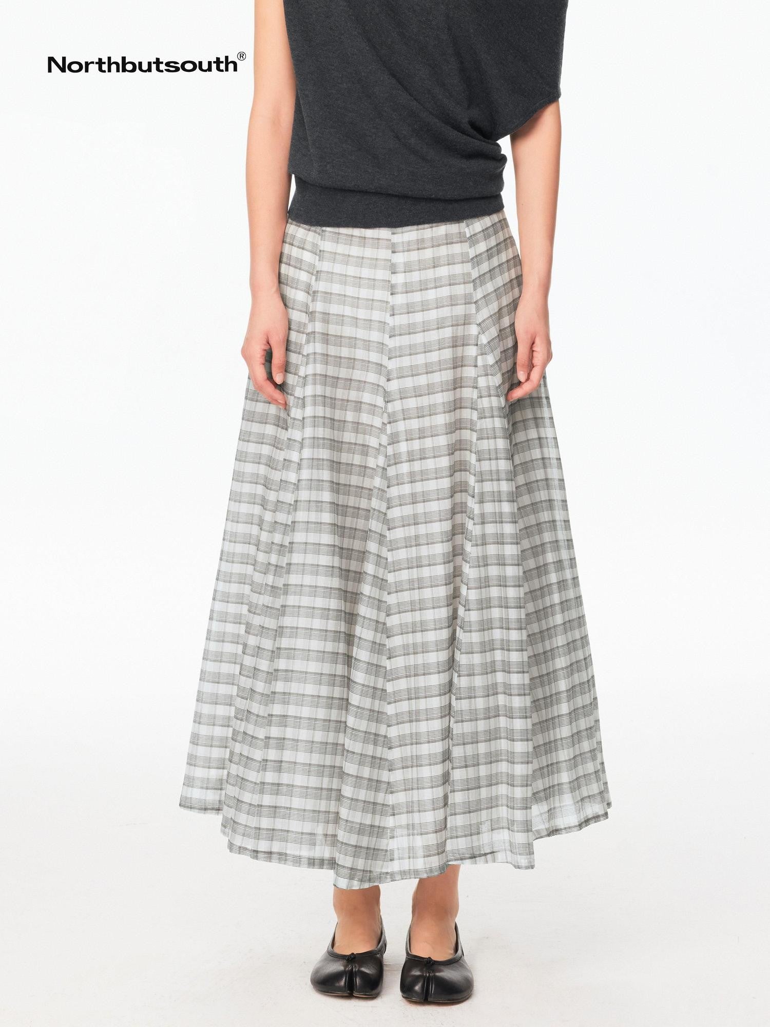 Northbutsouth Gray White Plaid A Line Mid Low Waist Women&