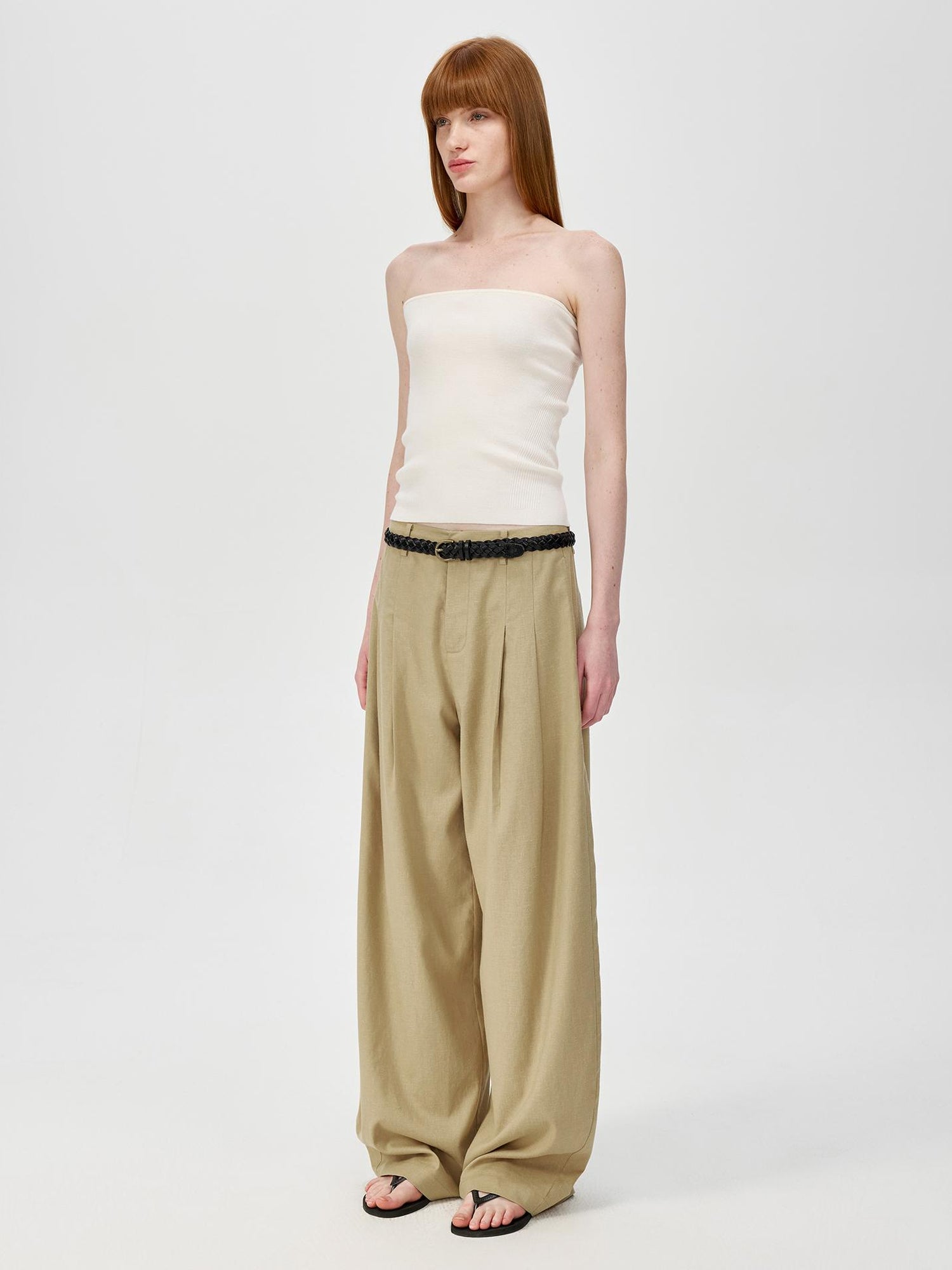 Northbutsouth Hemp Mid Low Waist Wide Leg Trousers In Khaki