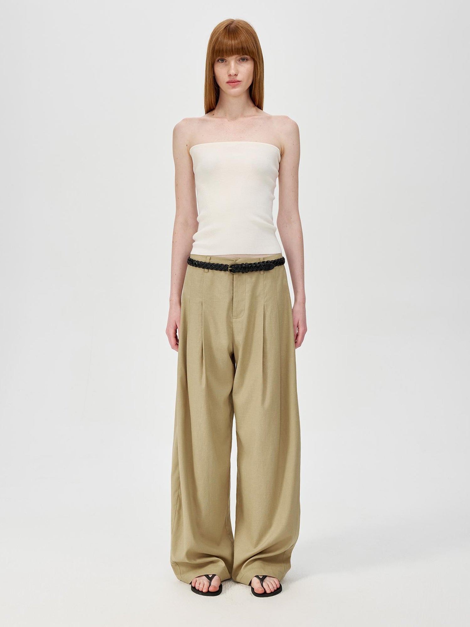 Northbutsouth Hemp Mid Low Waist Wide Leg Trousers In Khaki