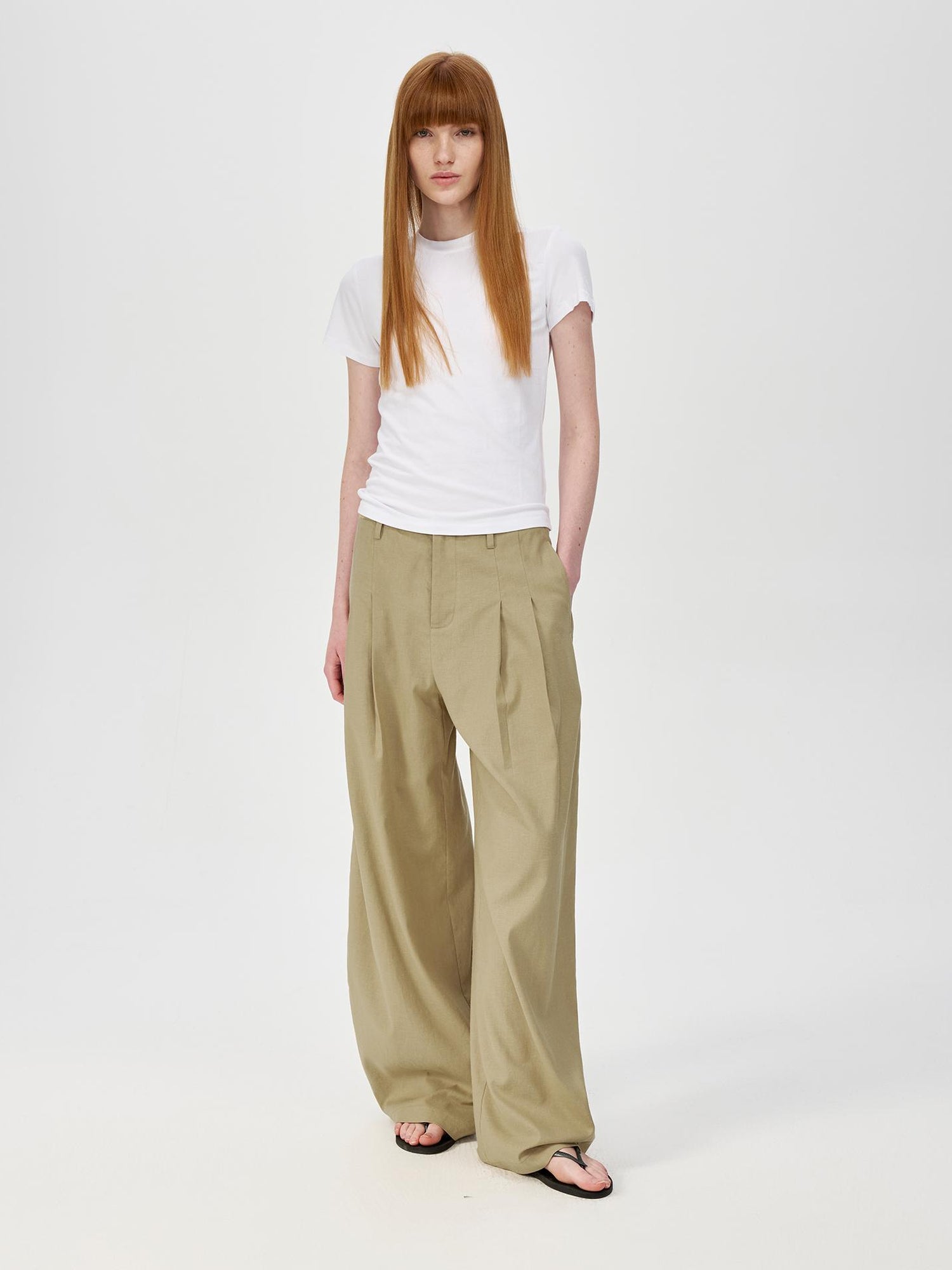 Northbutsouth Hemp Mid Low Waist Wide Leg Trousers In Khaki