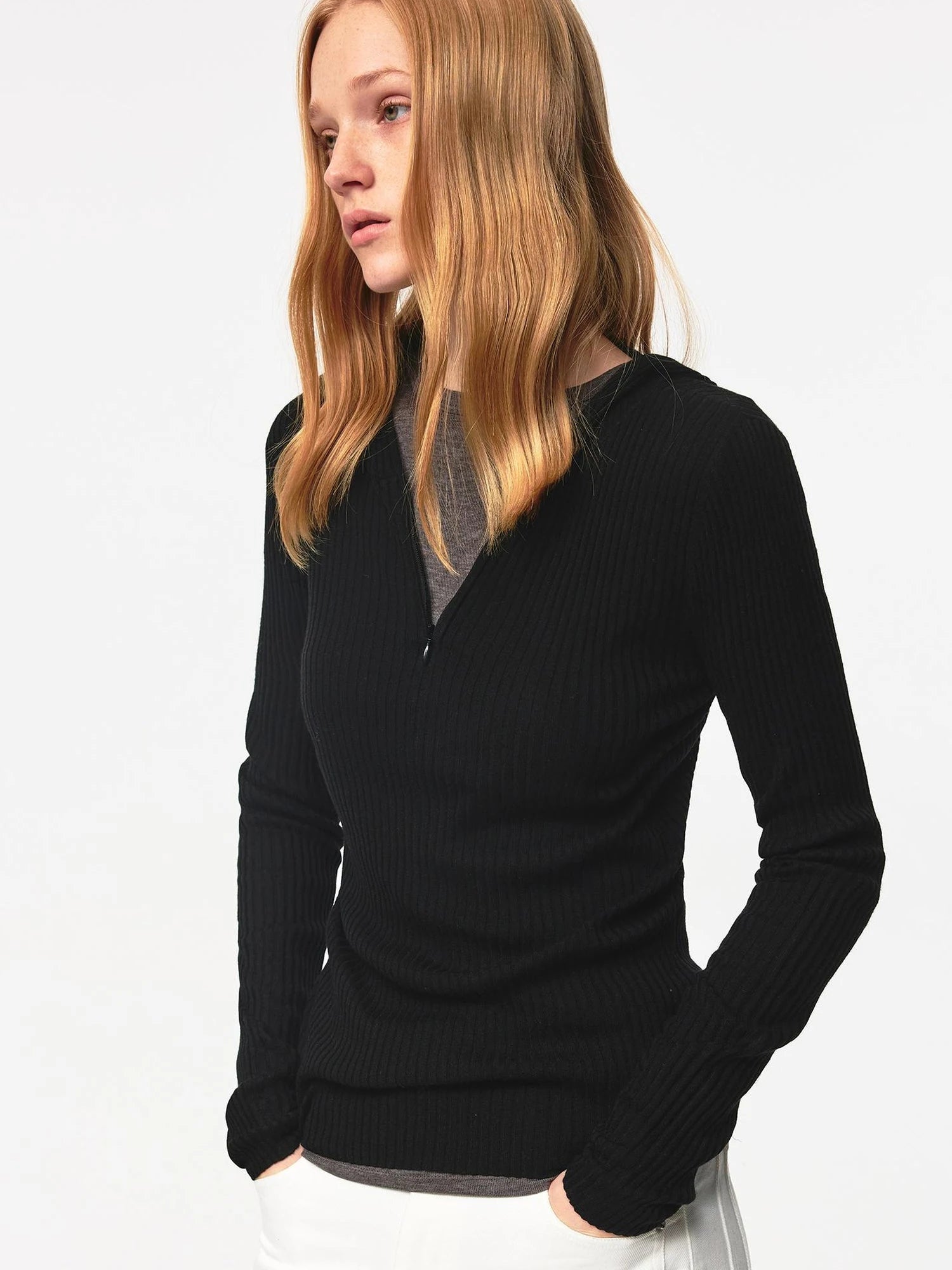 High Elastic Merino Wool Ribbed Hooded Half Zip Base Layer