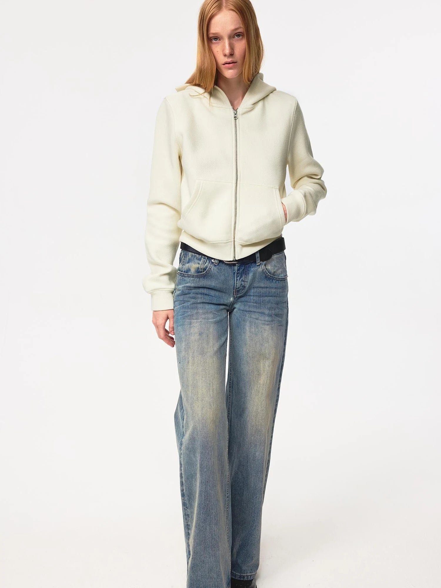 Jacquard Knit Slim Fit Cropped Hooded Sweatshirt