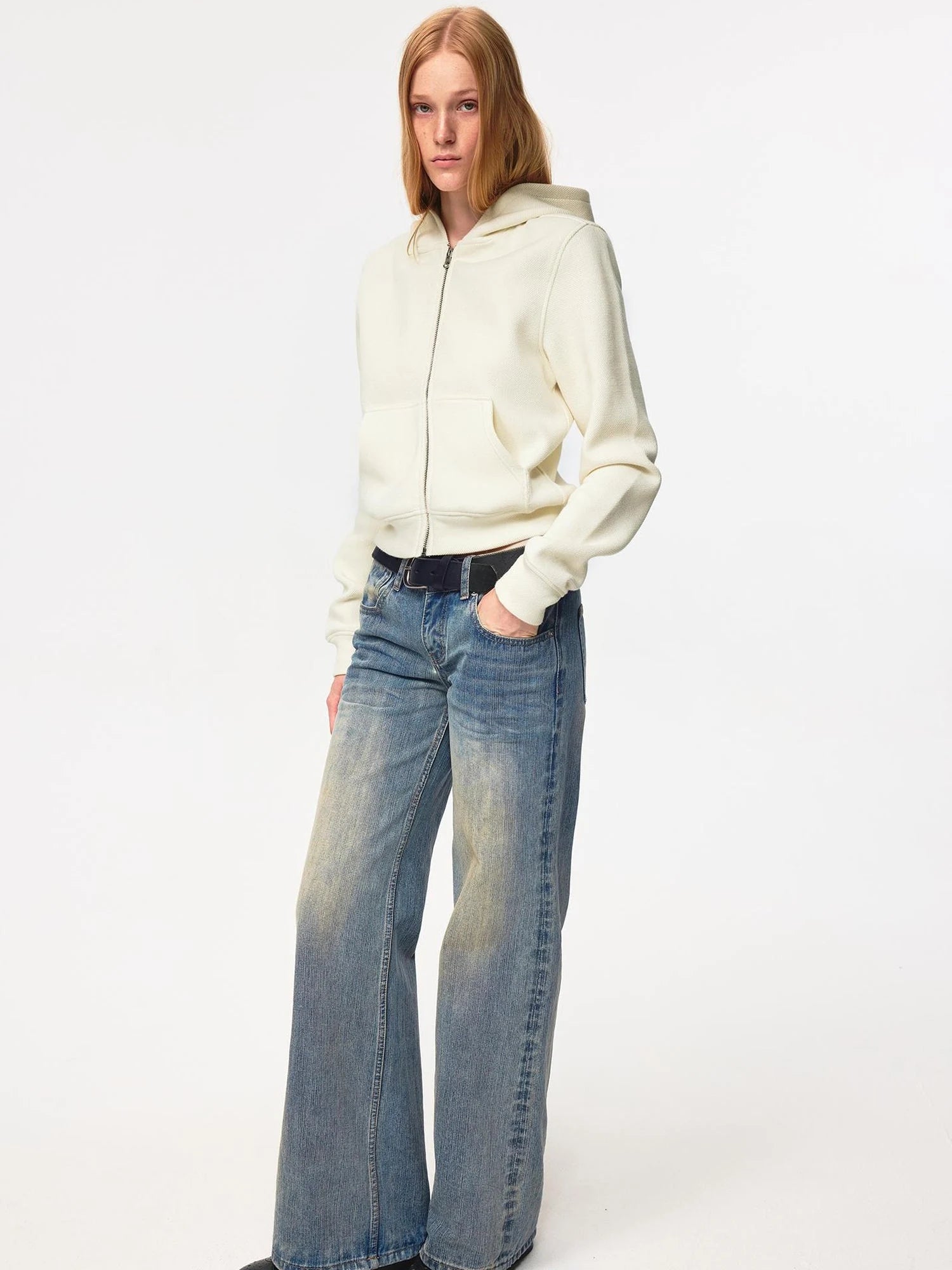 Jacquard Knit Slim Fit Cropped Hooded Sweatshirt