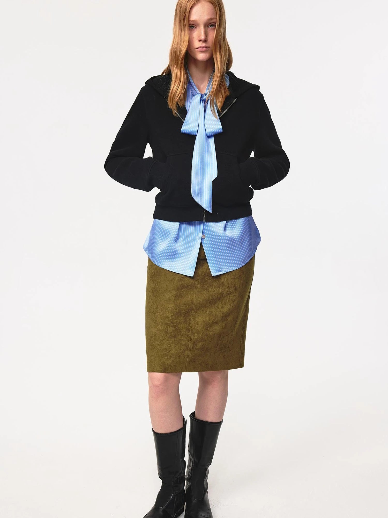 Jacquard Knit Slim Fit Cropped Hooded Sweatshirt