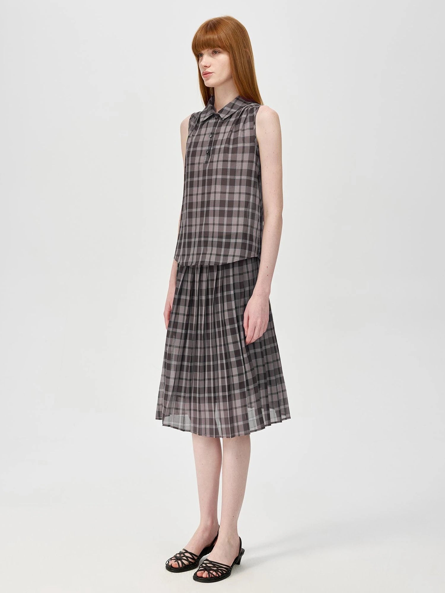 Japanese Checkered Sleeveless Vest Pleated Skirt Set