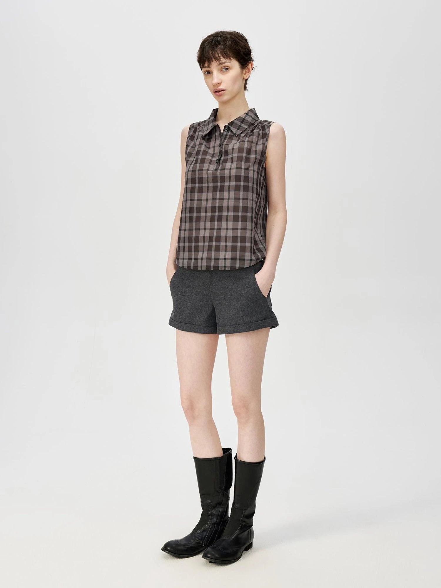 Japanese Checkered Sleeveless Vest Pleated Skirt Set