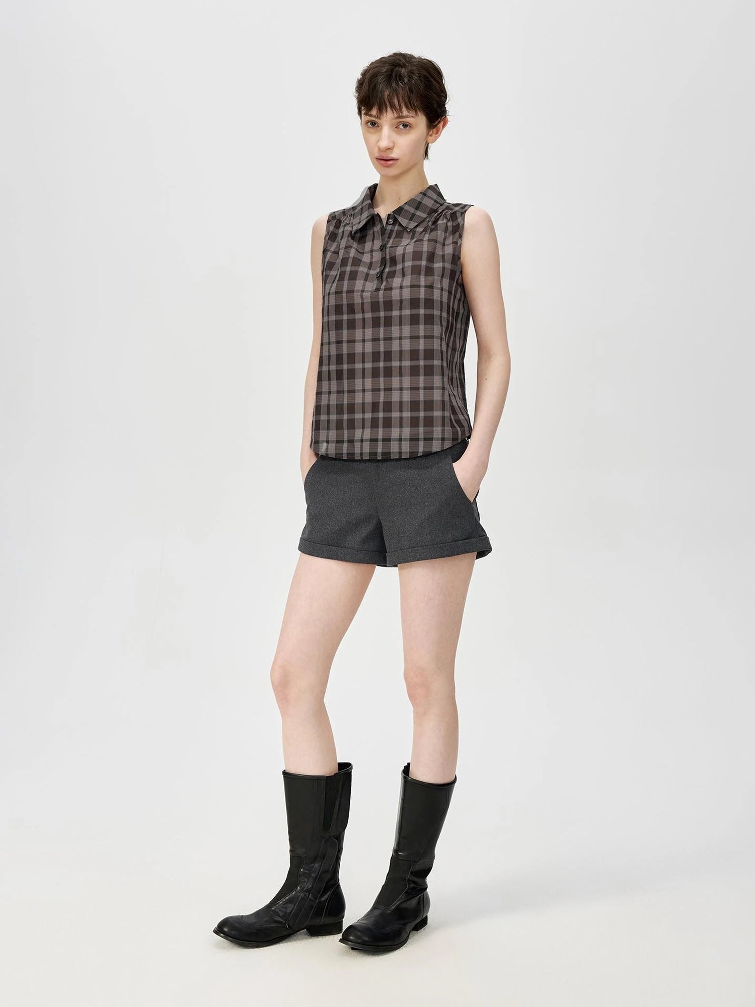 Japanese Checkered Sleeveless Vest Pleated Skirt Set