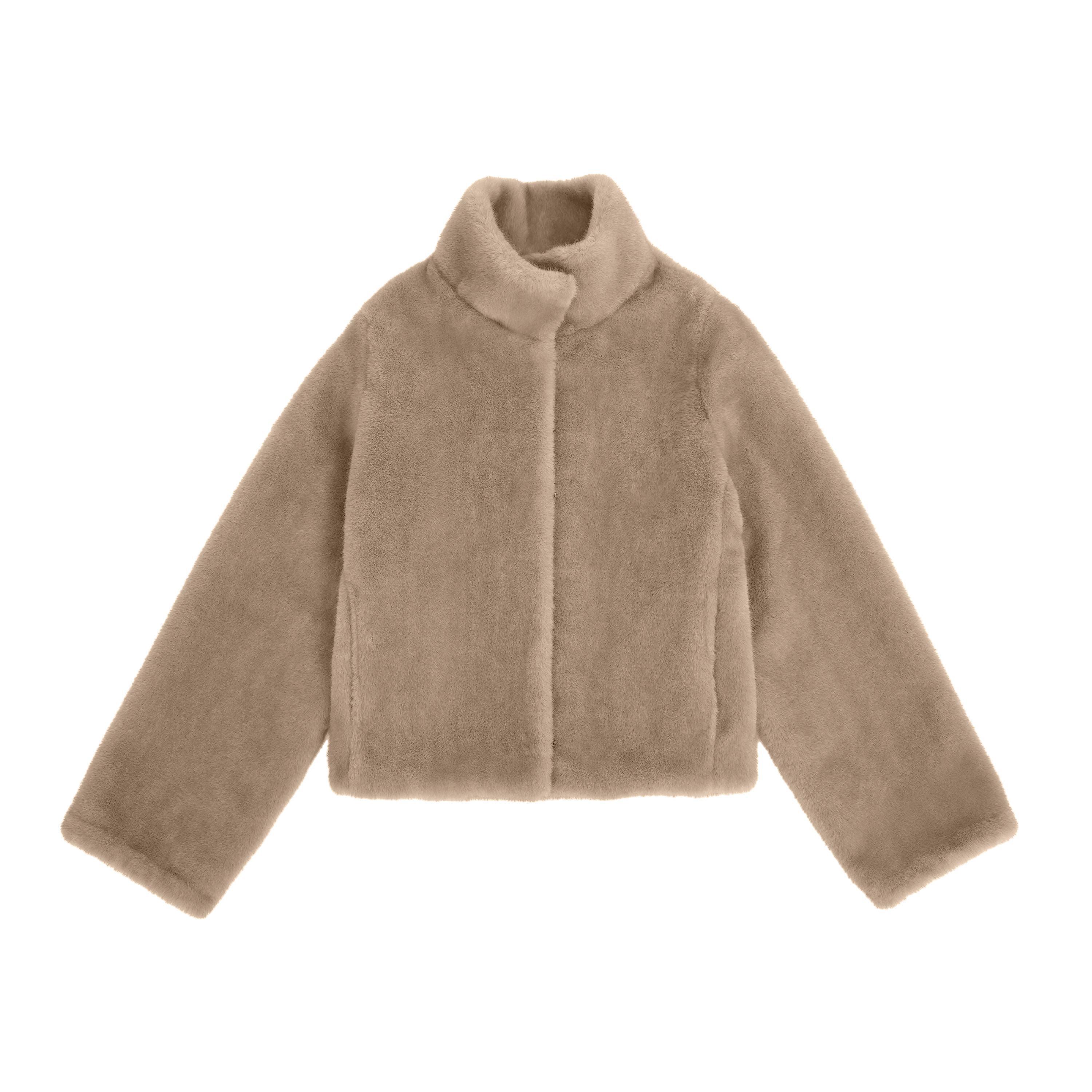 Northbutsouth_Khaki_Fluffy_Stand_Collar_Cropped_Loose_Fit_Women&