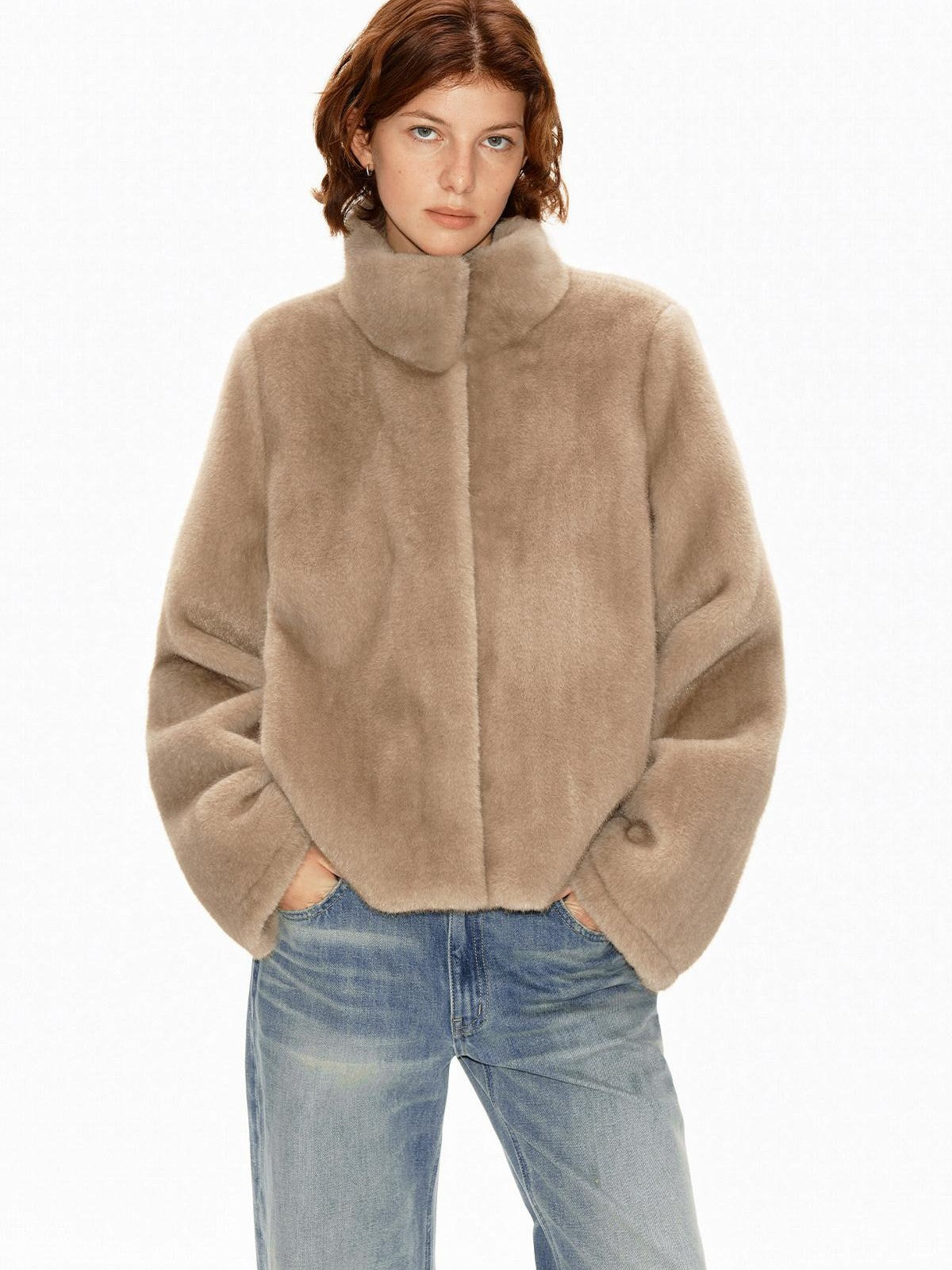 Northbutsouth Khaki Fluffy Stand Collar Cropped Loose Fit Women&