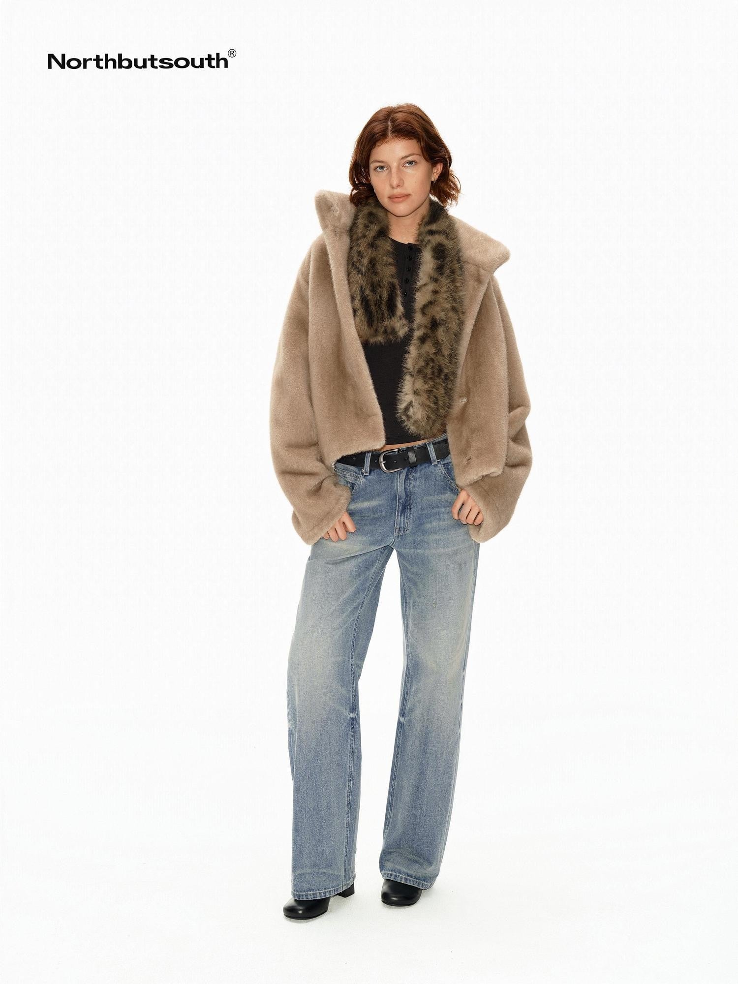 Northbutsouth Khaki Fluffy Stand Collar Cropped Loose Fit Women&