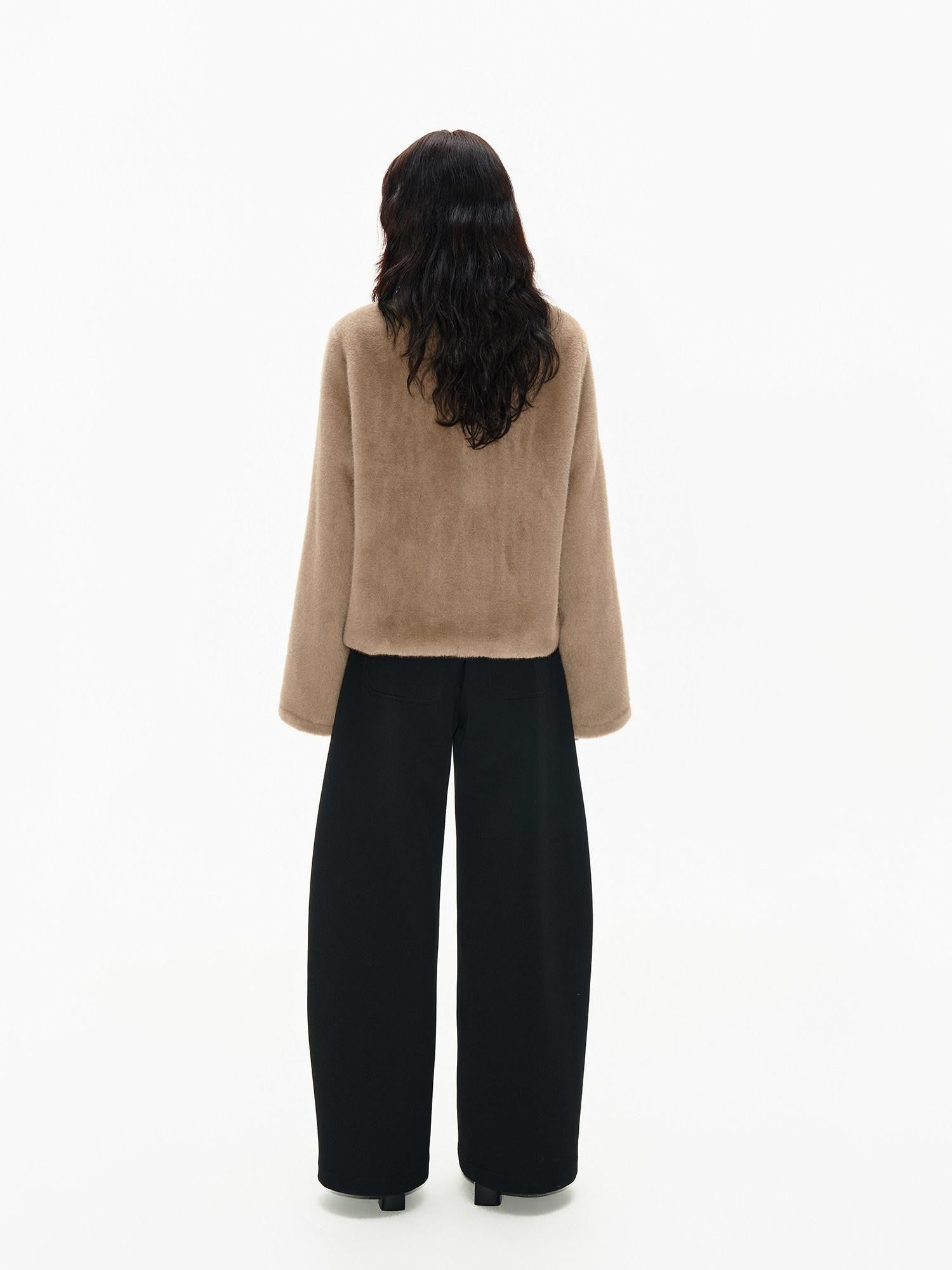 Northbutsouth Khaki Fluffy Stand Collar Cropped Loose Fit Women&