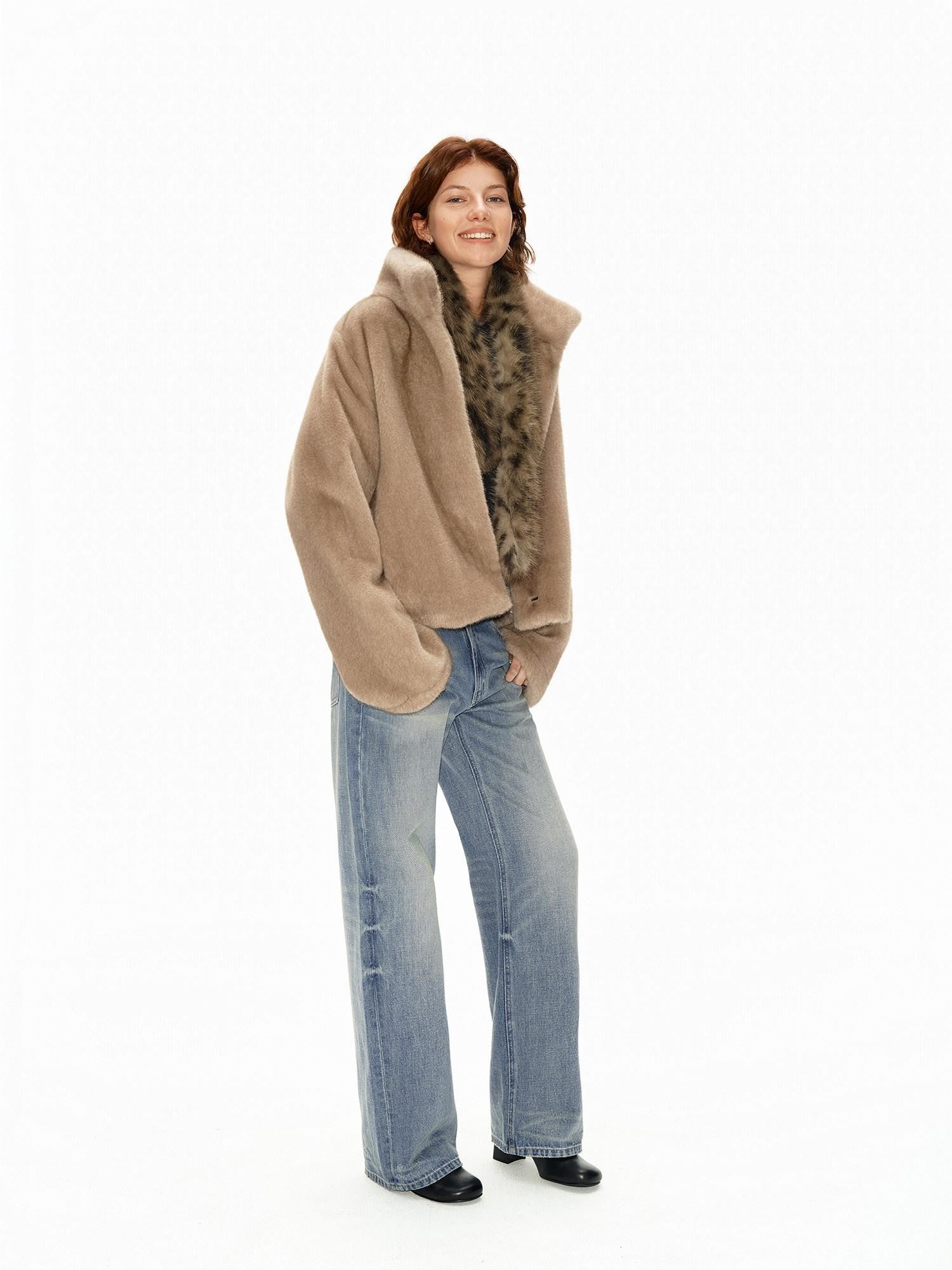 Northbutsouth Khaki Fluffy Stand Collar Cropped Loose Fit Women&