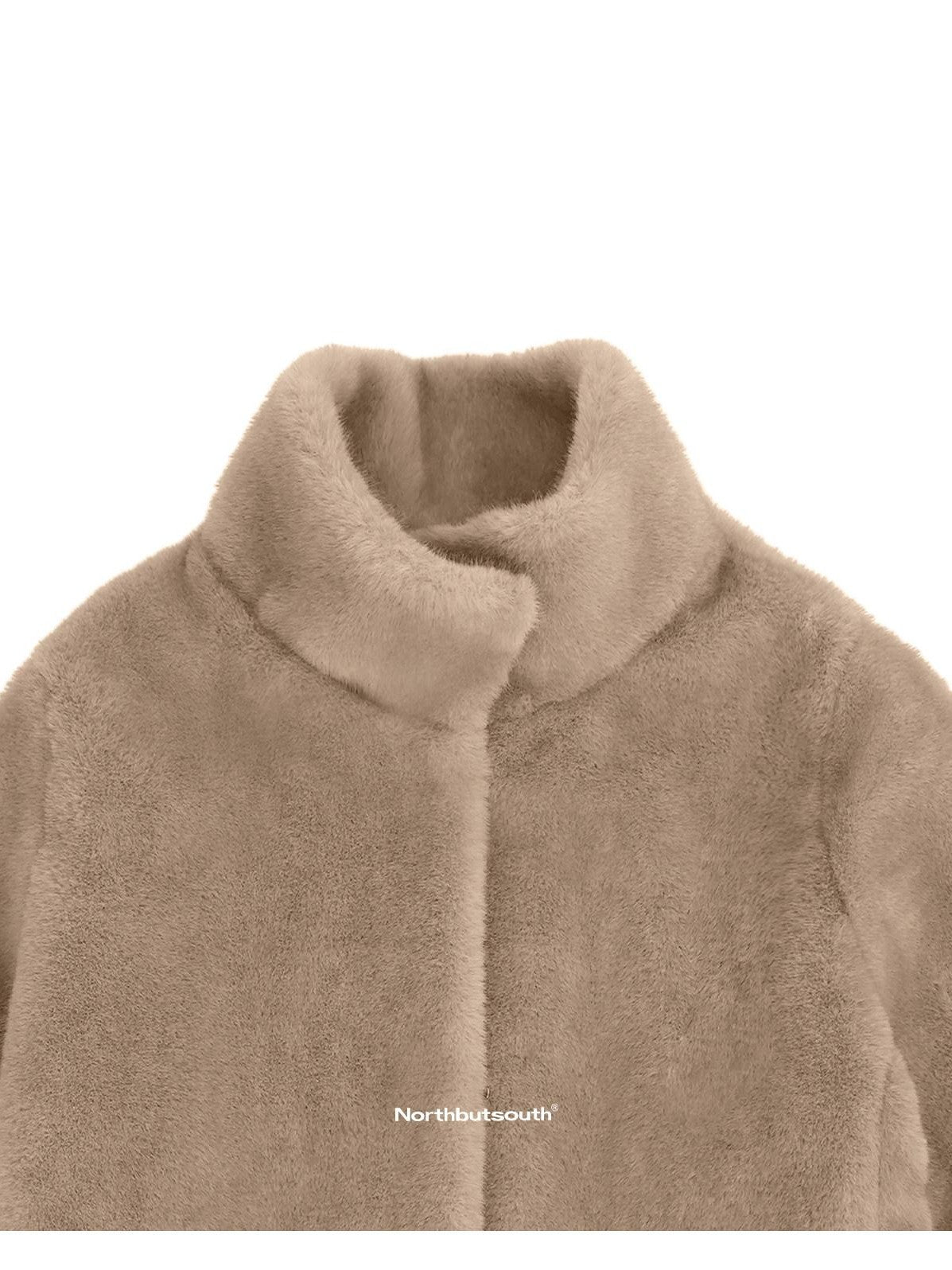 Northbutsouth Khaki Fluffy Stand Collar Cropped Loose Fit Women&