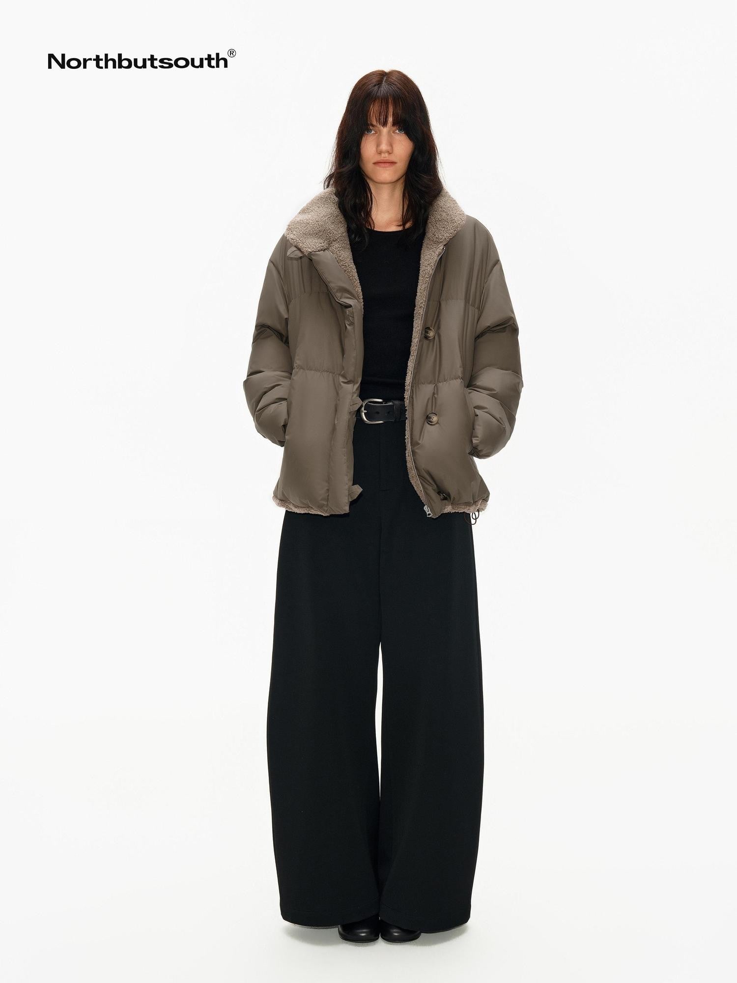 Northbutsouth Khaki Shearling Lined Stand Collar Women&
