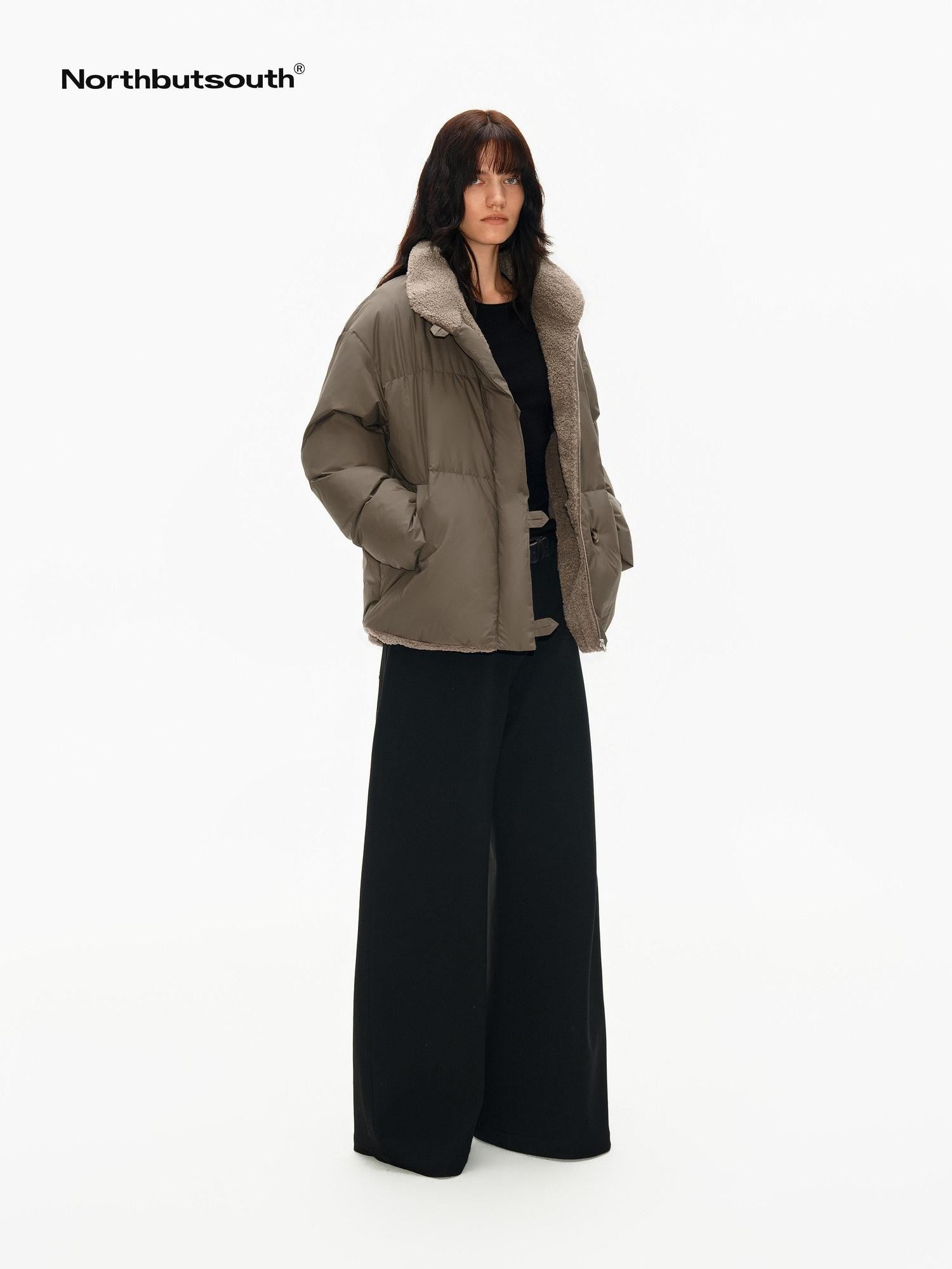 Northbutsouth Khaki Shearling Lined Stand Collar Women&
