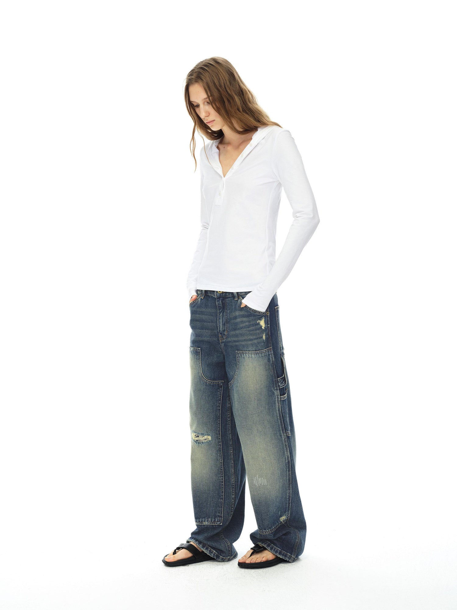 Northbutsouth Knee Rip Distressed Mid Rise Denim Trousers