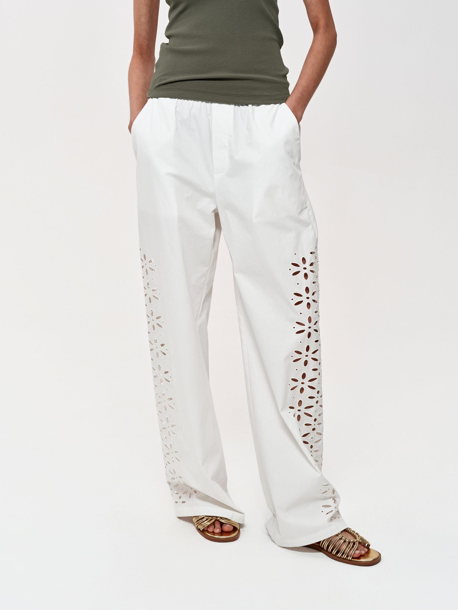 Northbutsouth Laser-Cut Hollow-Out Straight-Leg Pants In Black And White