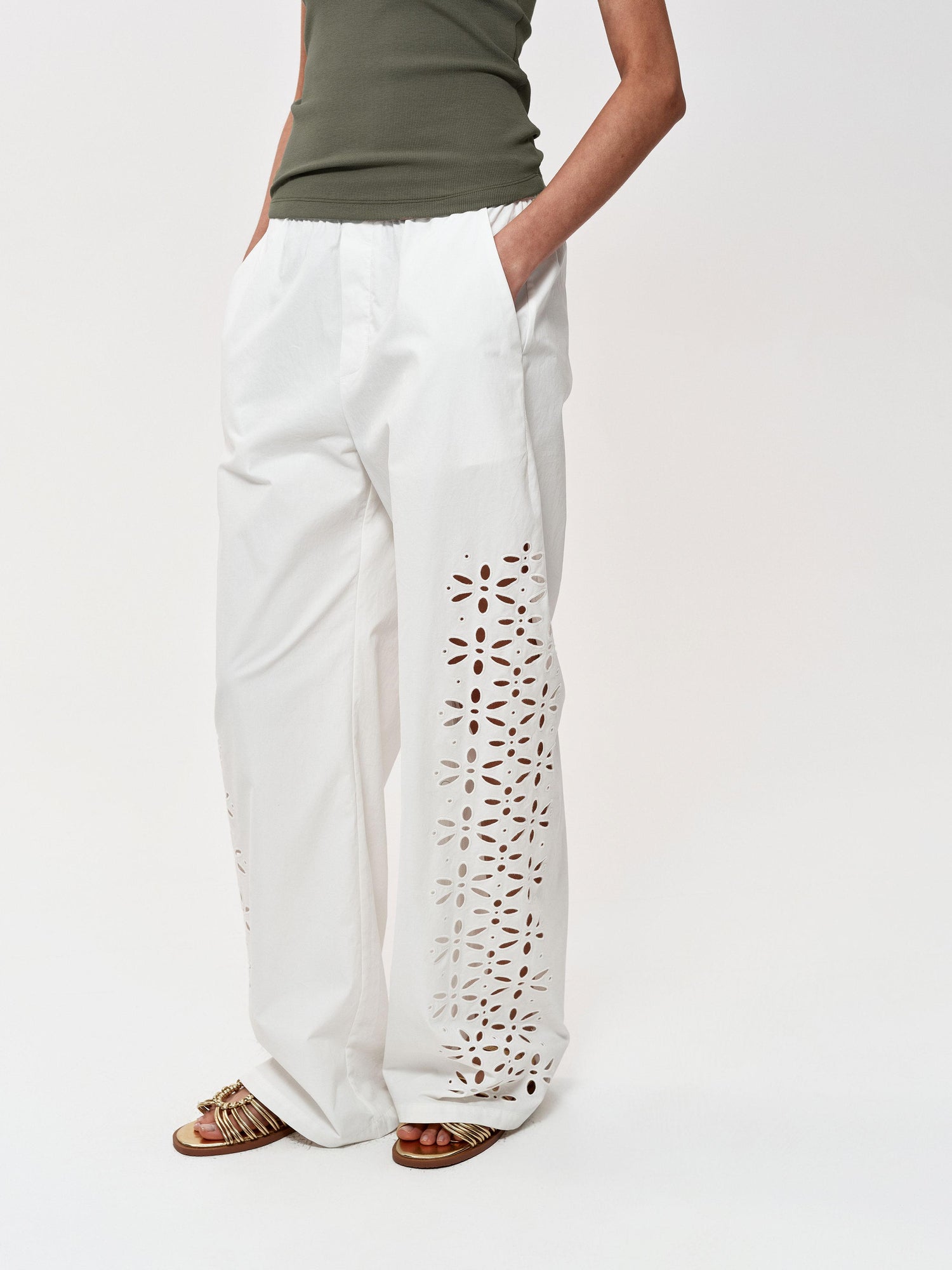 Northbutsouth Laser-Cut Hollow-Out Straight-Leg Pants In Black And White