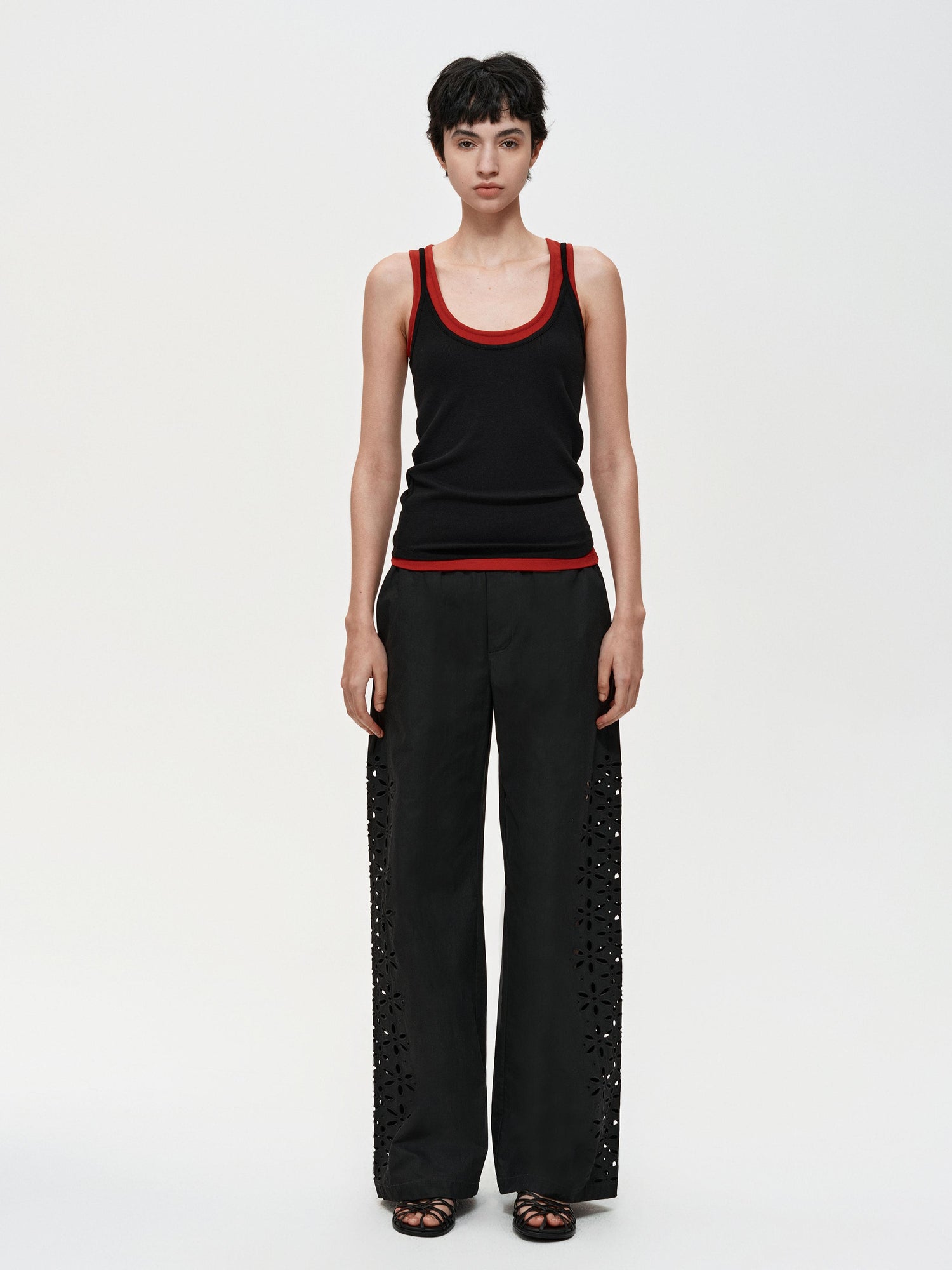 Northbutsouth Laser-Cut Hollow-Out Straight-Leg Pants In Black And White