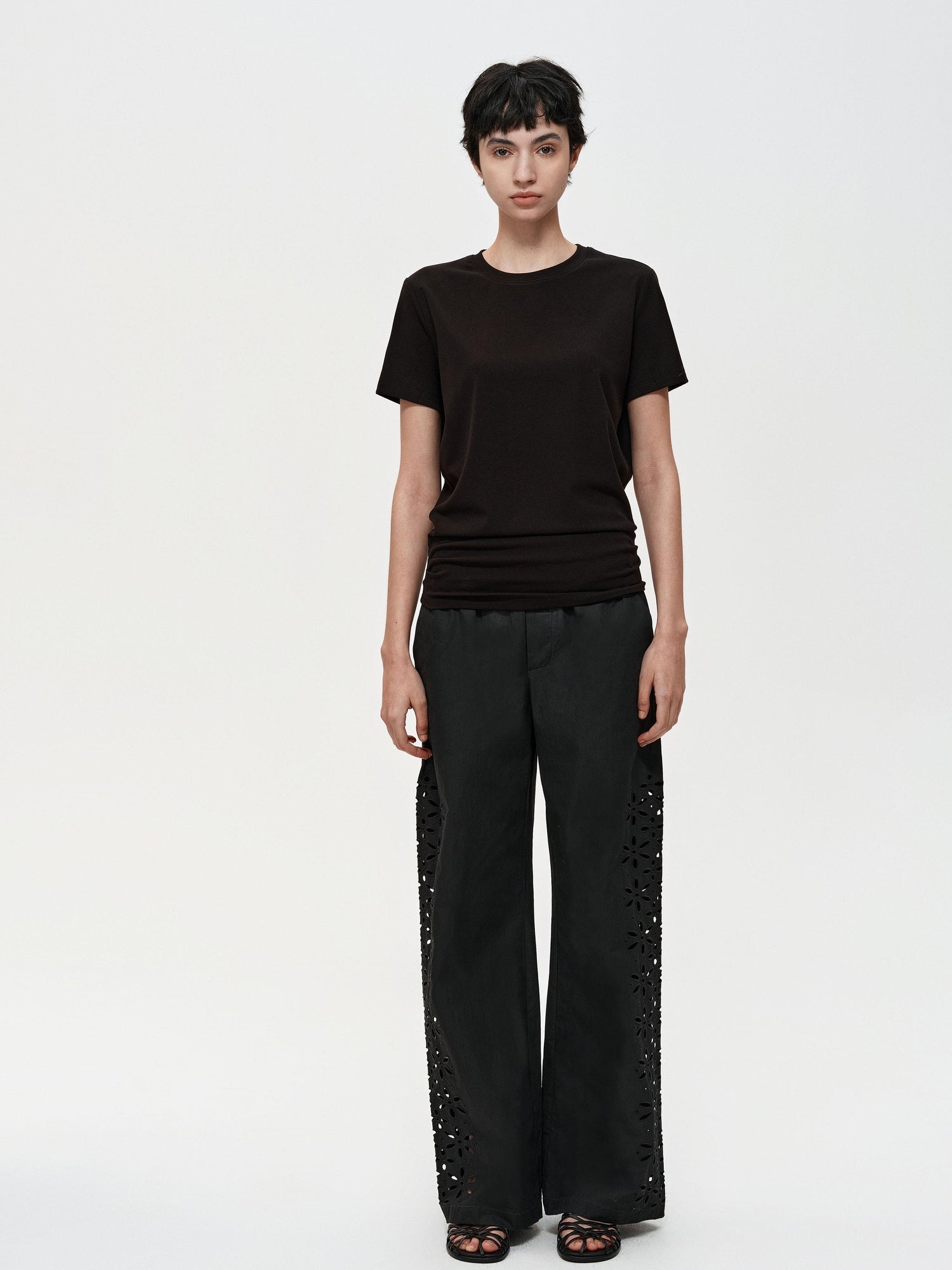 Northbutsouth Laser-Cut Hollow-Out Straight-Leg Pants In Black And White