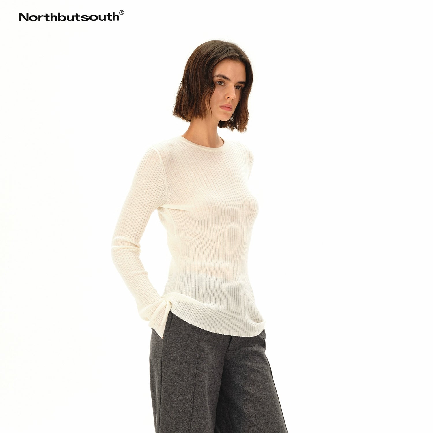 Northbutsouth Lightweight Merino Wool Ribbed Knit Long Sleeve Top MISSTT