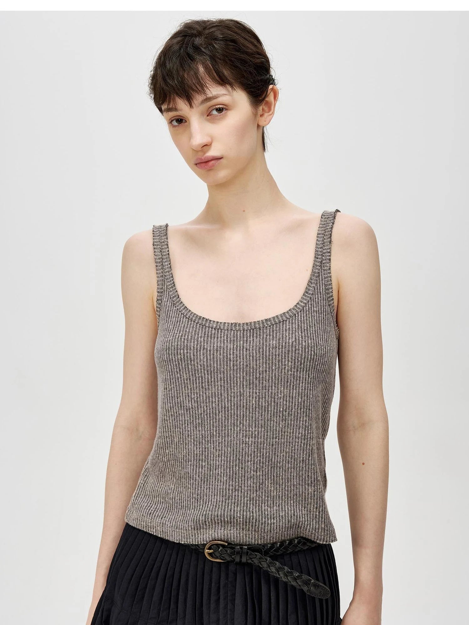 Linen Relaxed Frayed Edge Ribbed Vest