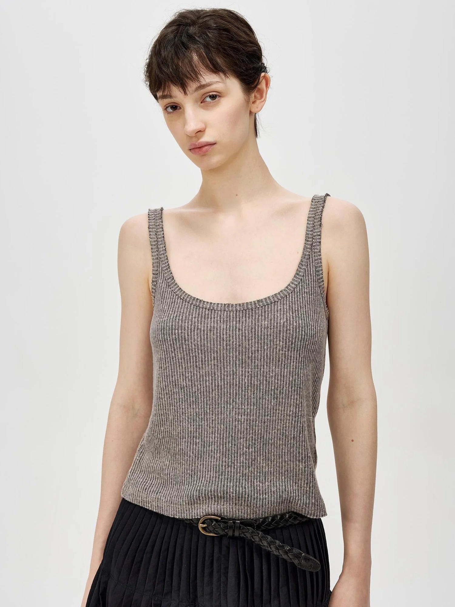 Linen Relaxed Frayed Edge Ribbed Vest