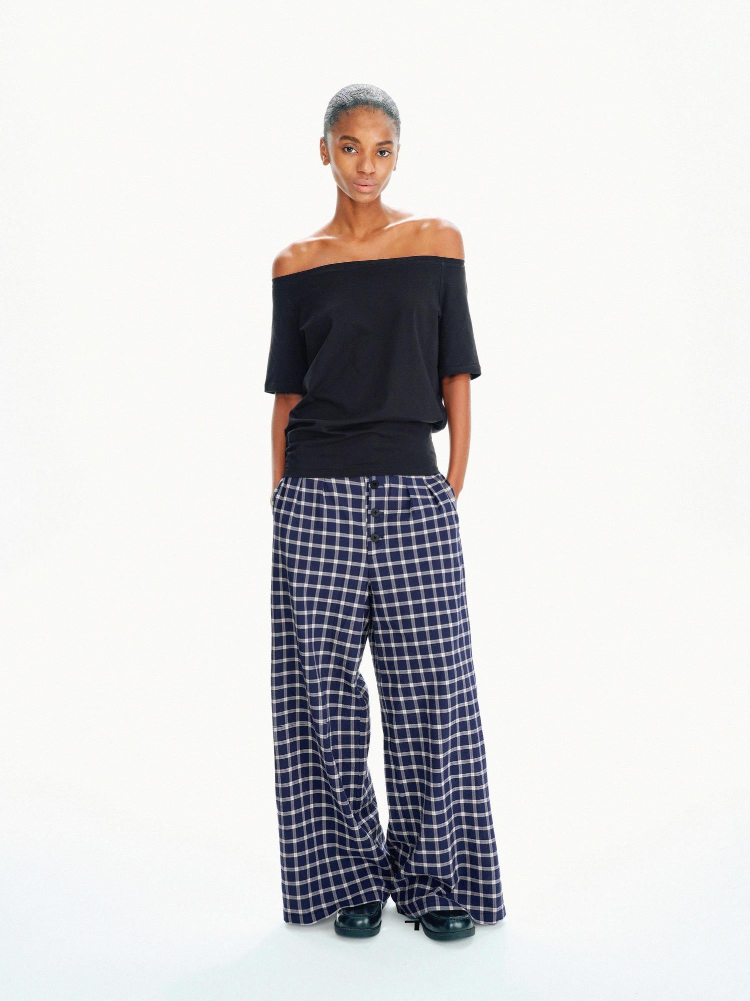 Northbutsouth Loose Fit Checkered Wide-Leg Mid-Rise Casual Pants