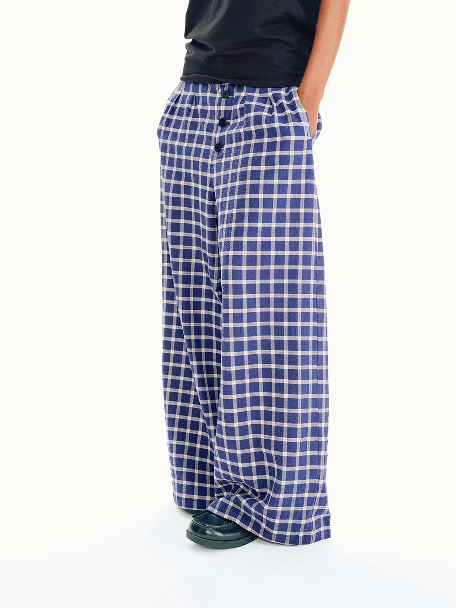 Northbutsouth Loose Fit Checkered Wide-Leg Mid-Rise Casual Pants