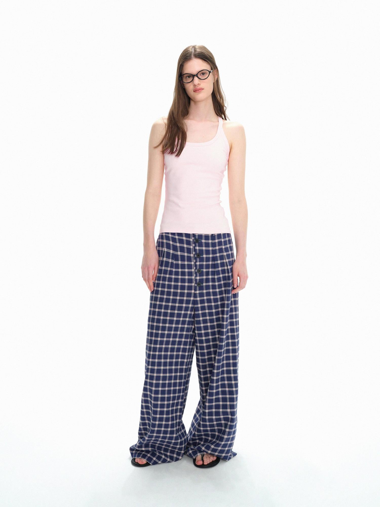 Northbutsouth Loose Fit Checkered Wide-Leg Mid-Rise Casual Pants