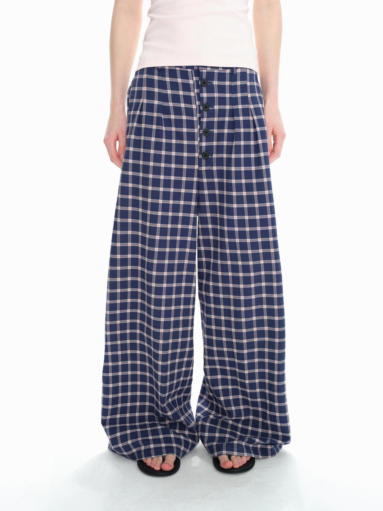 Northbutsouth Loose Fit Checkered Wide-Leg Mid-Rise Casual Pants