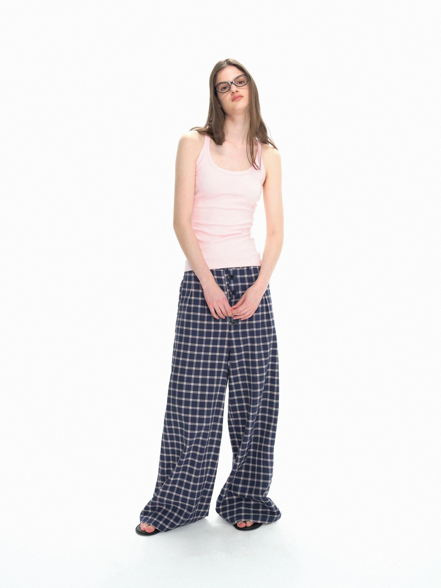 Northbutsouth Loose Fit Checkered Wide-Leg Mid-Rise Casual Pants