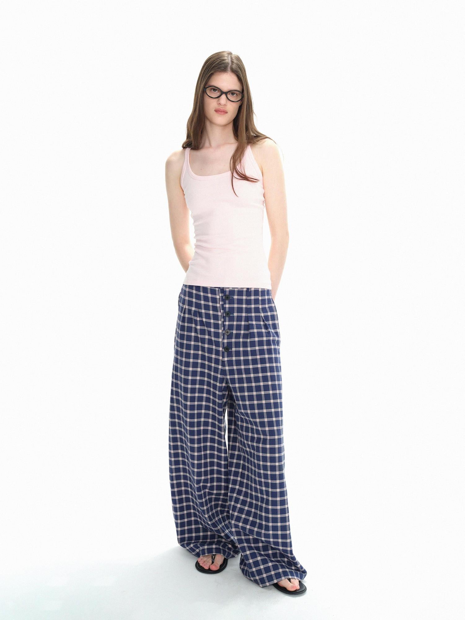 Northbutsouth Loose Fit Checkered Wide-Leg Mid-Rise Casual Pants
