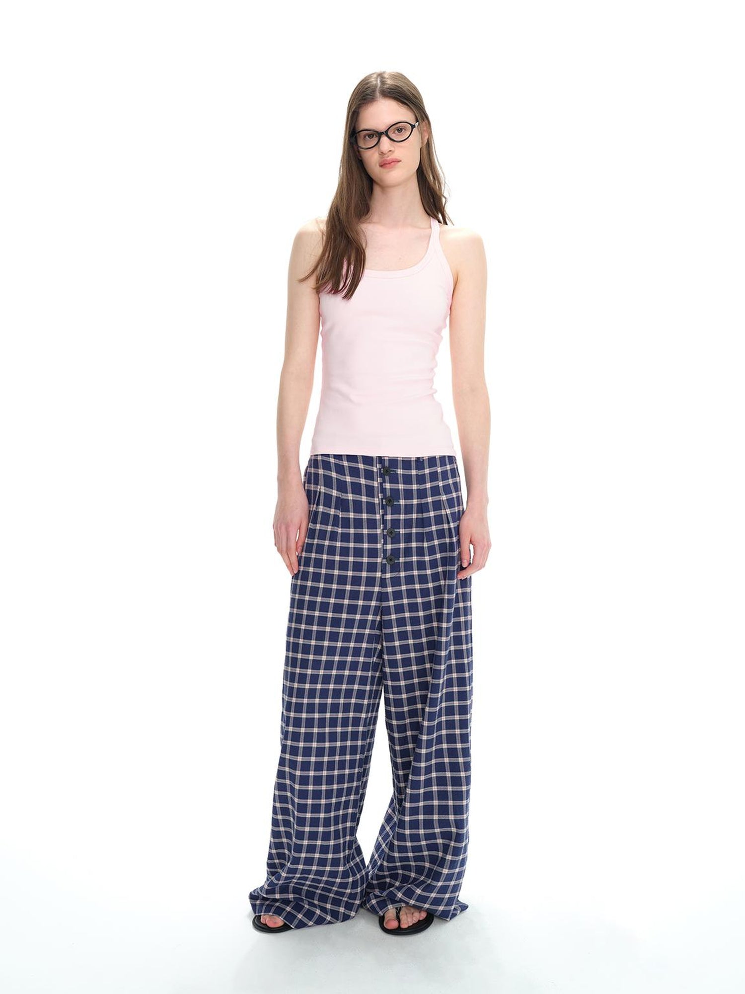 Northbutsouth Loose Fit Checkered Wide-Leg Mid-Rise Casual Pants