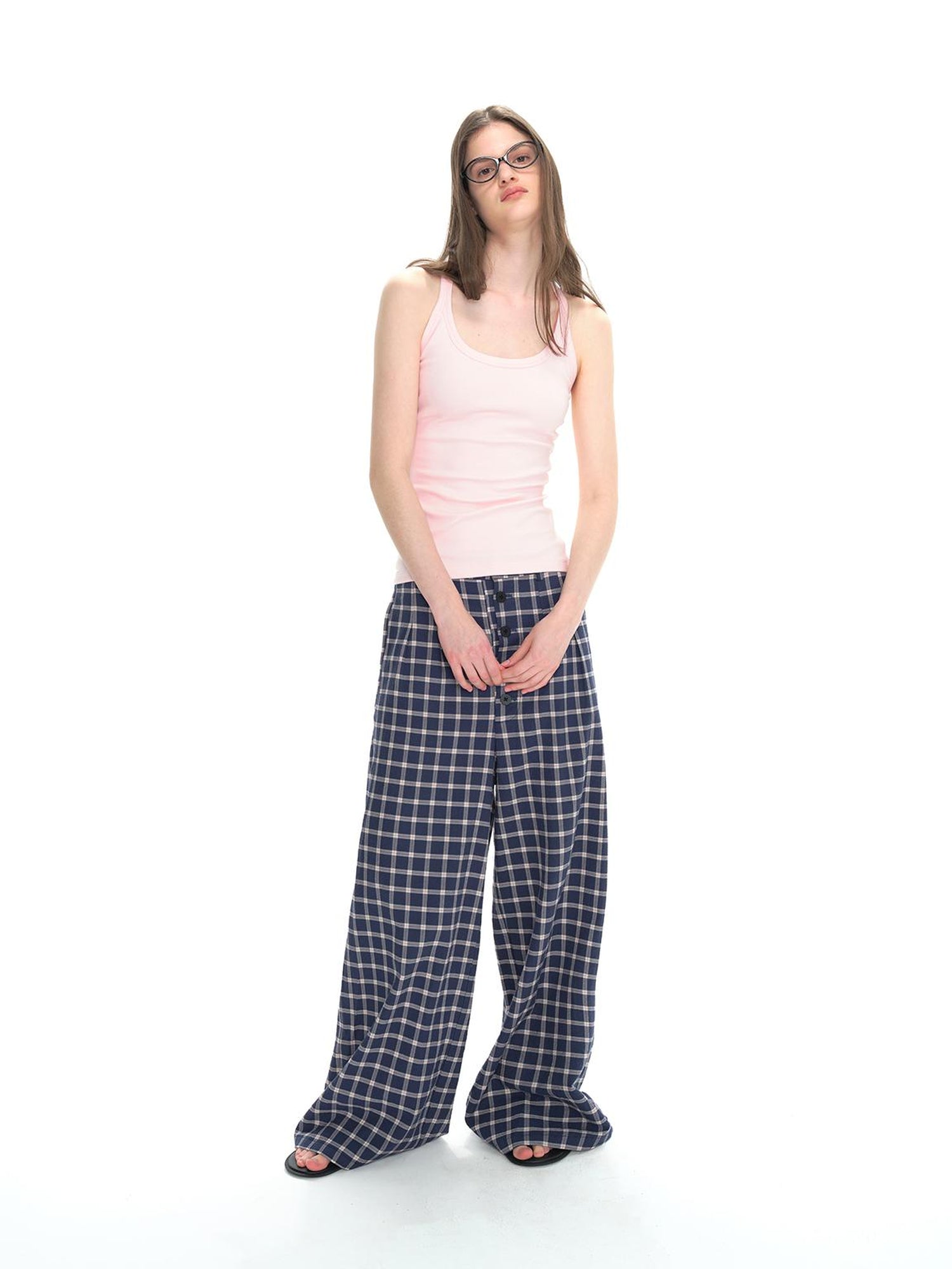 Northbutsouth Loose Fit Checkered Wide-Leg Mid-Rise Casual Pants