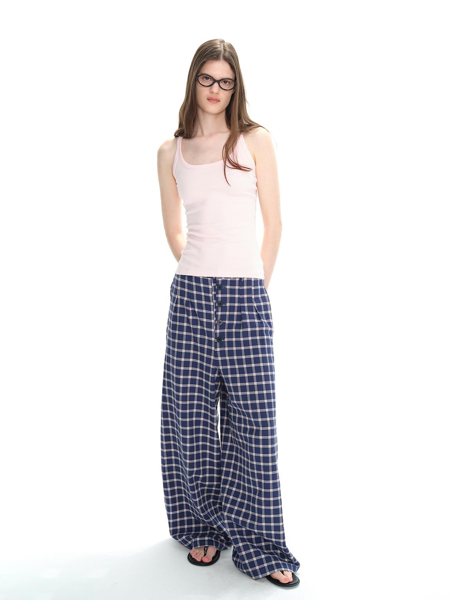 Northbutsouth Loose Fit Checkered Wide-Leg Mid-Rise Casual Pants