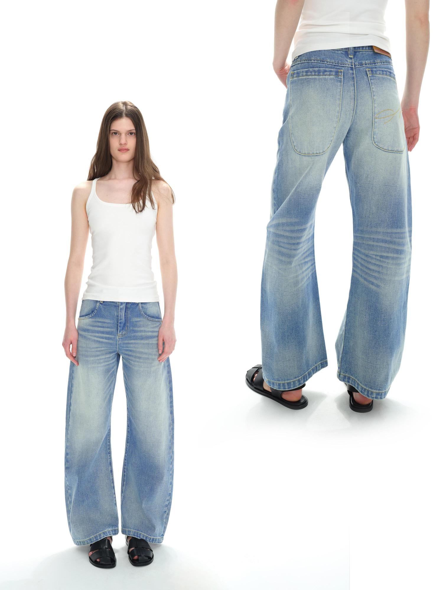 Northbutsouth Low Rise Washed Denim Jeans With Cat Whisker Fading