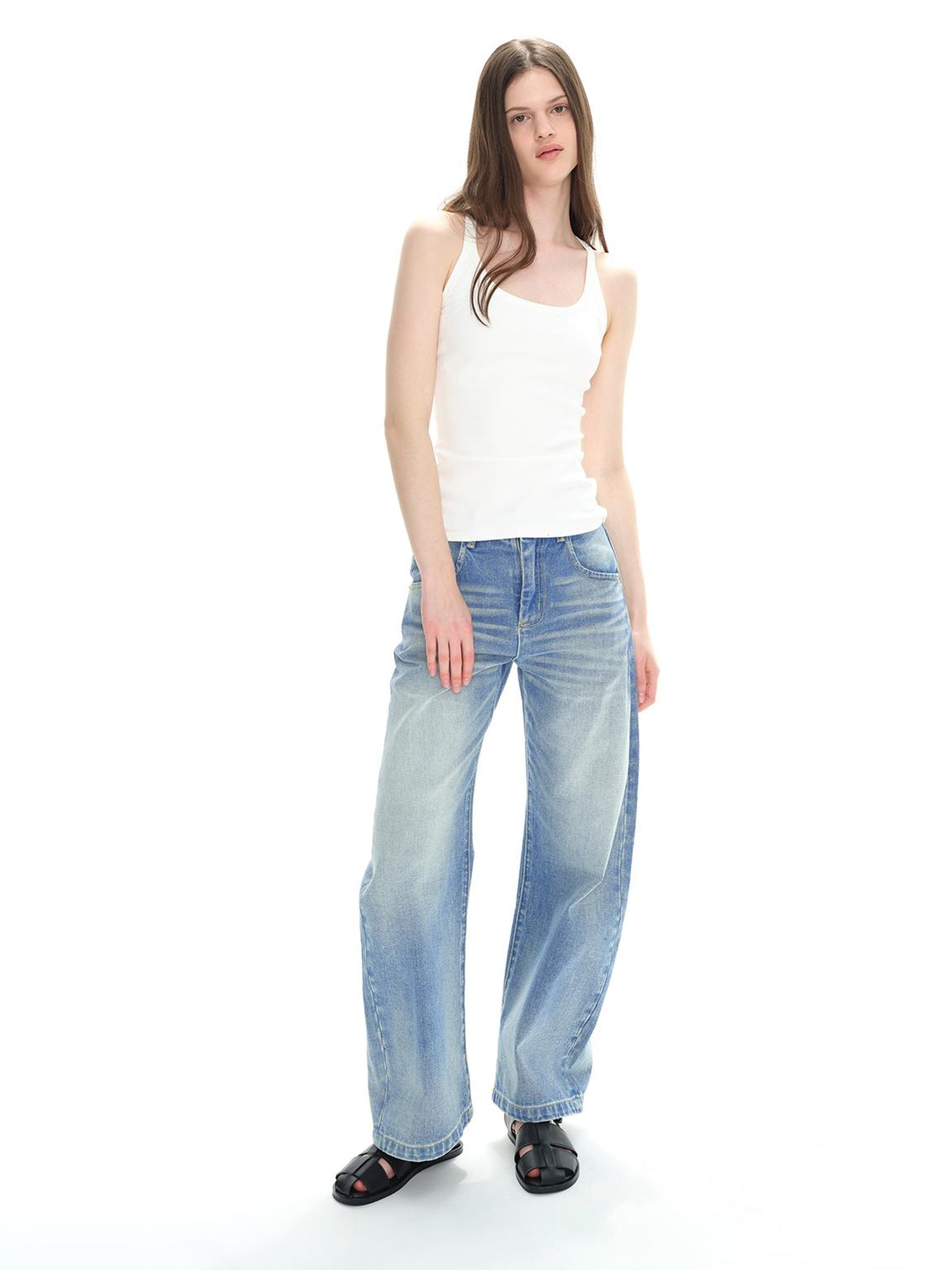 Northbutsouth Low Rise Washed Denim Jeans With Cat Whisker Fading