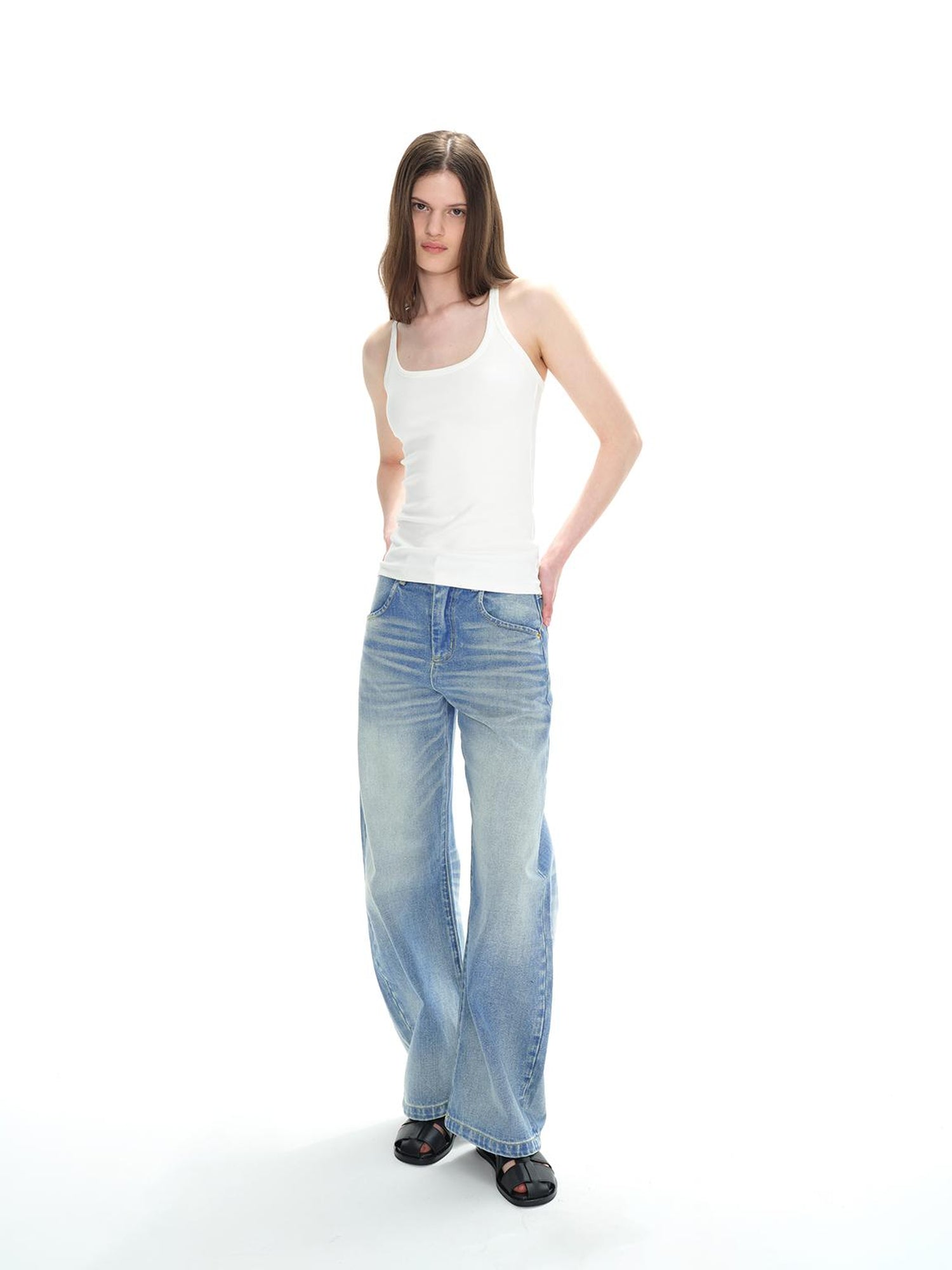Northbutsouth Low Rise Washed Denim Jeans With Cat Whisker Fading