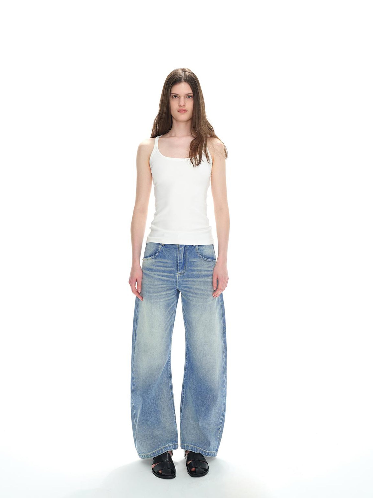 Northbutsouth Low Rise Washed Denim Jeans With Cat Whisker Fading
