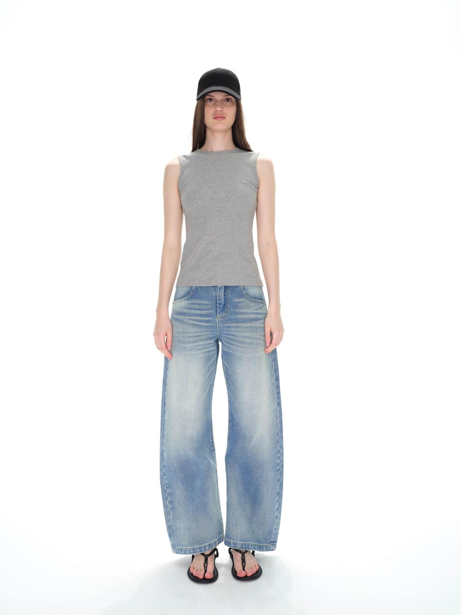Northbutsouth Low Rise Washed Denim Jeans With Cat Whisker Fading
