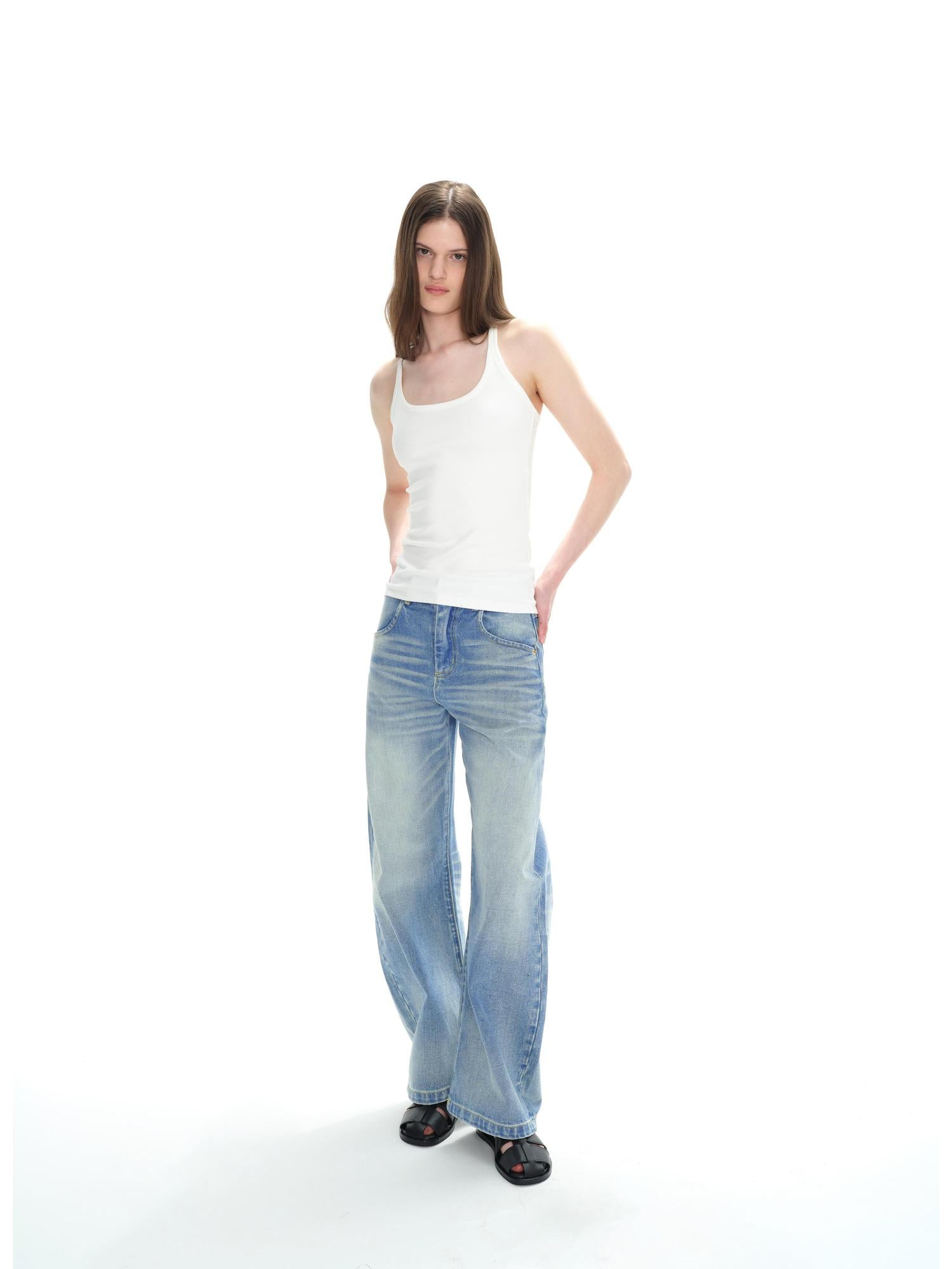 Northbutsouth Low Rise Washed Denim Jeans With Cat Whisker Fading