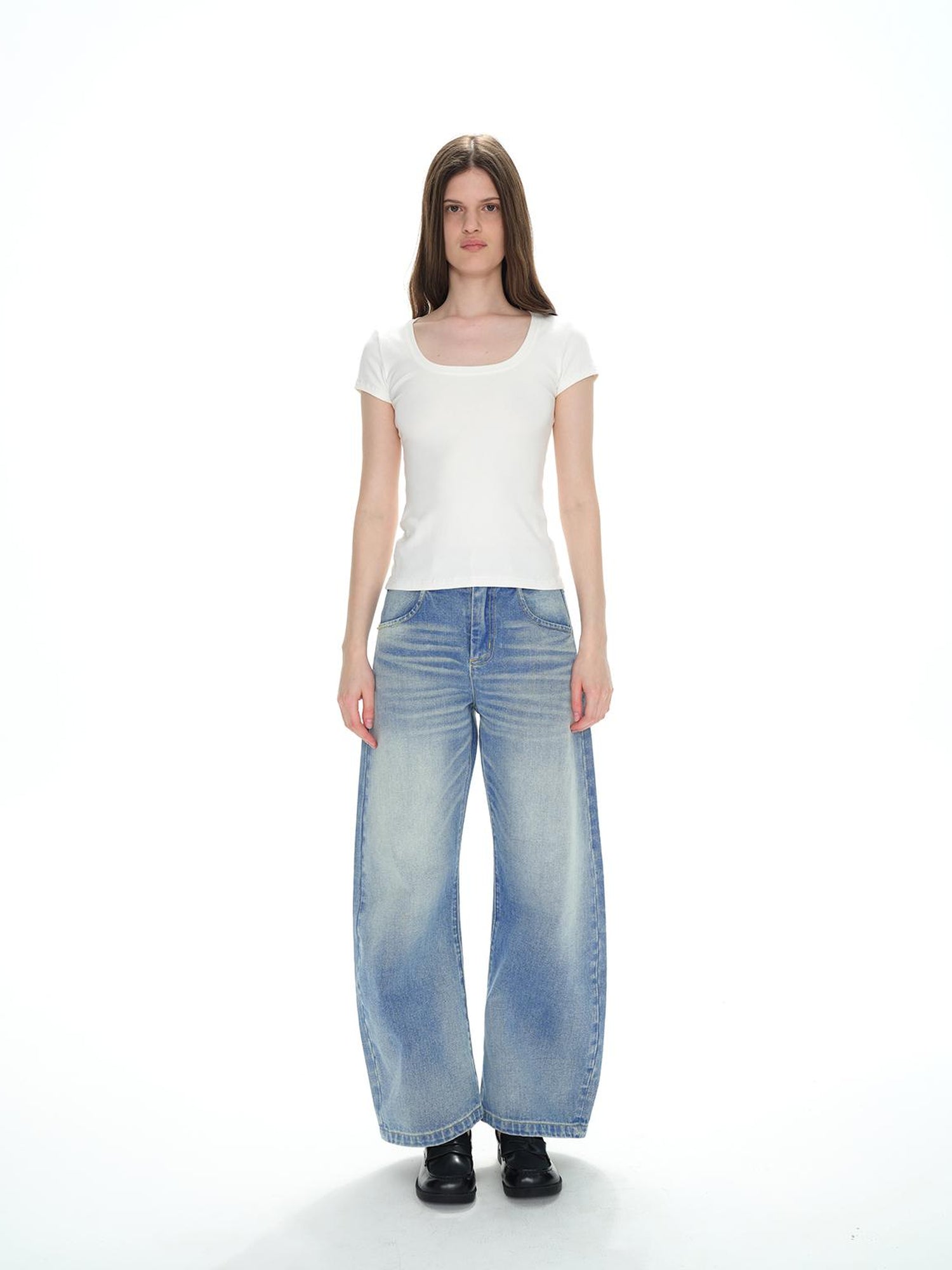 Northbutsouth Low Rise Washed Denim Jeans With Cat Whisker Fading
