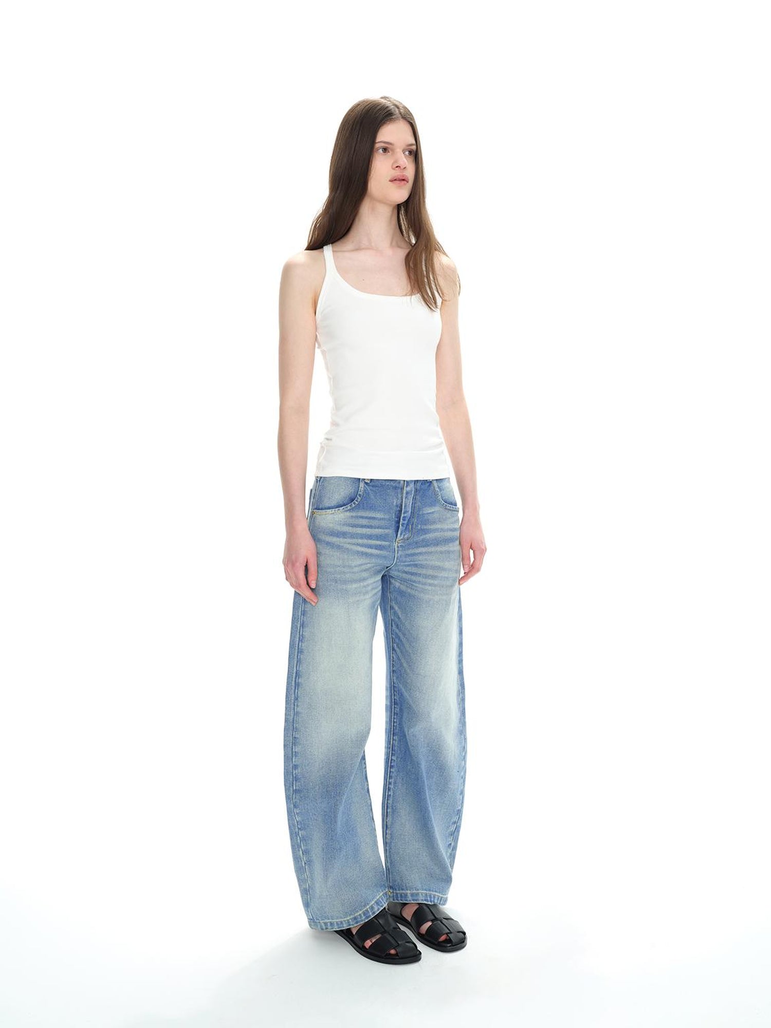 Northbutsouth Low Rise Washed Denim Jeans With Cat Whisker Fading