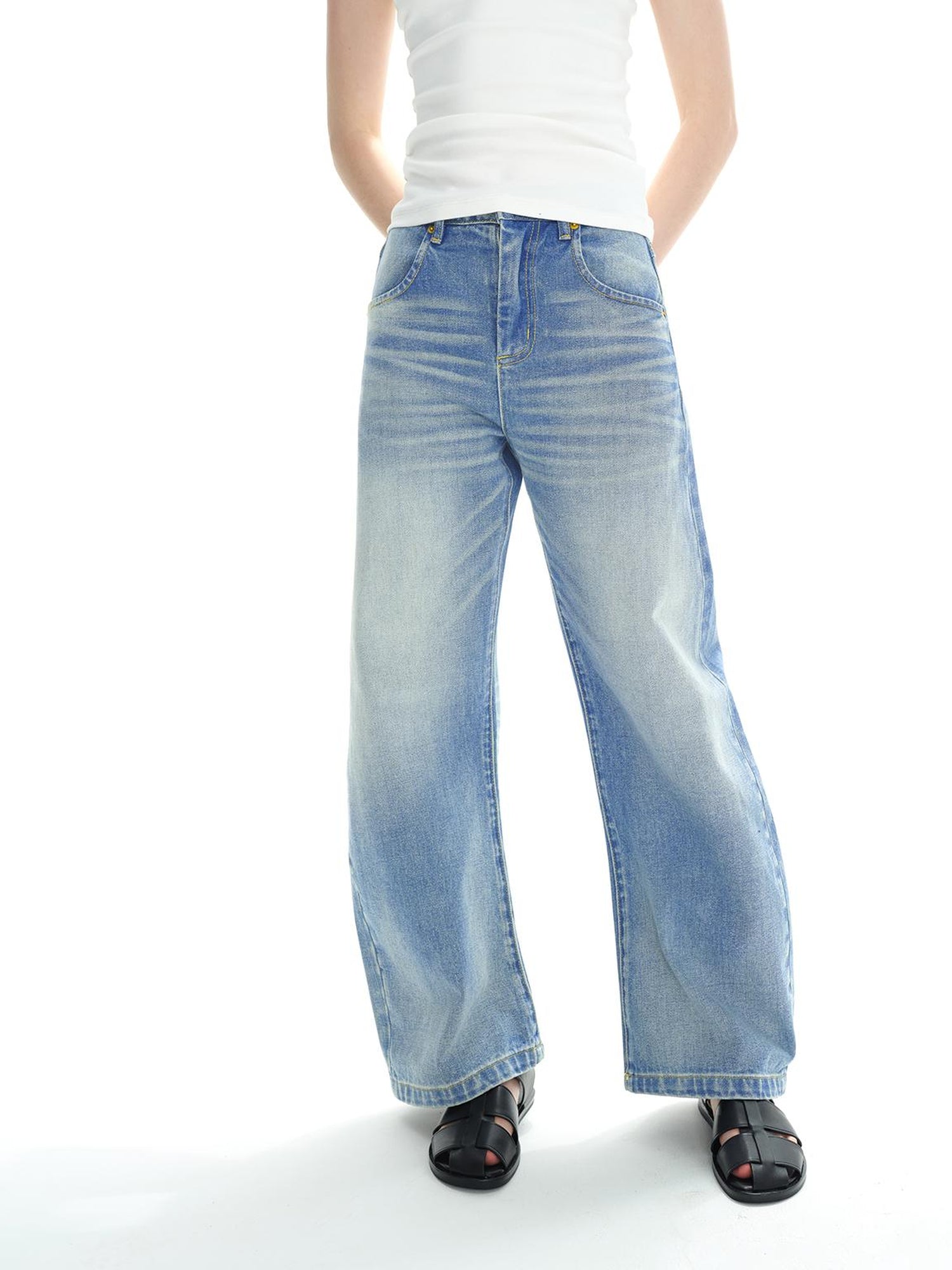Northbutsouth Low Rise Washed Denim Jeans With Cat Whisker Fading