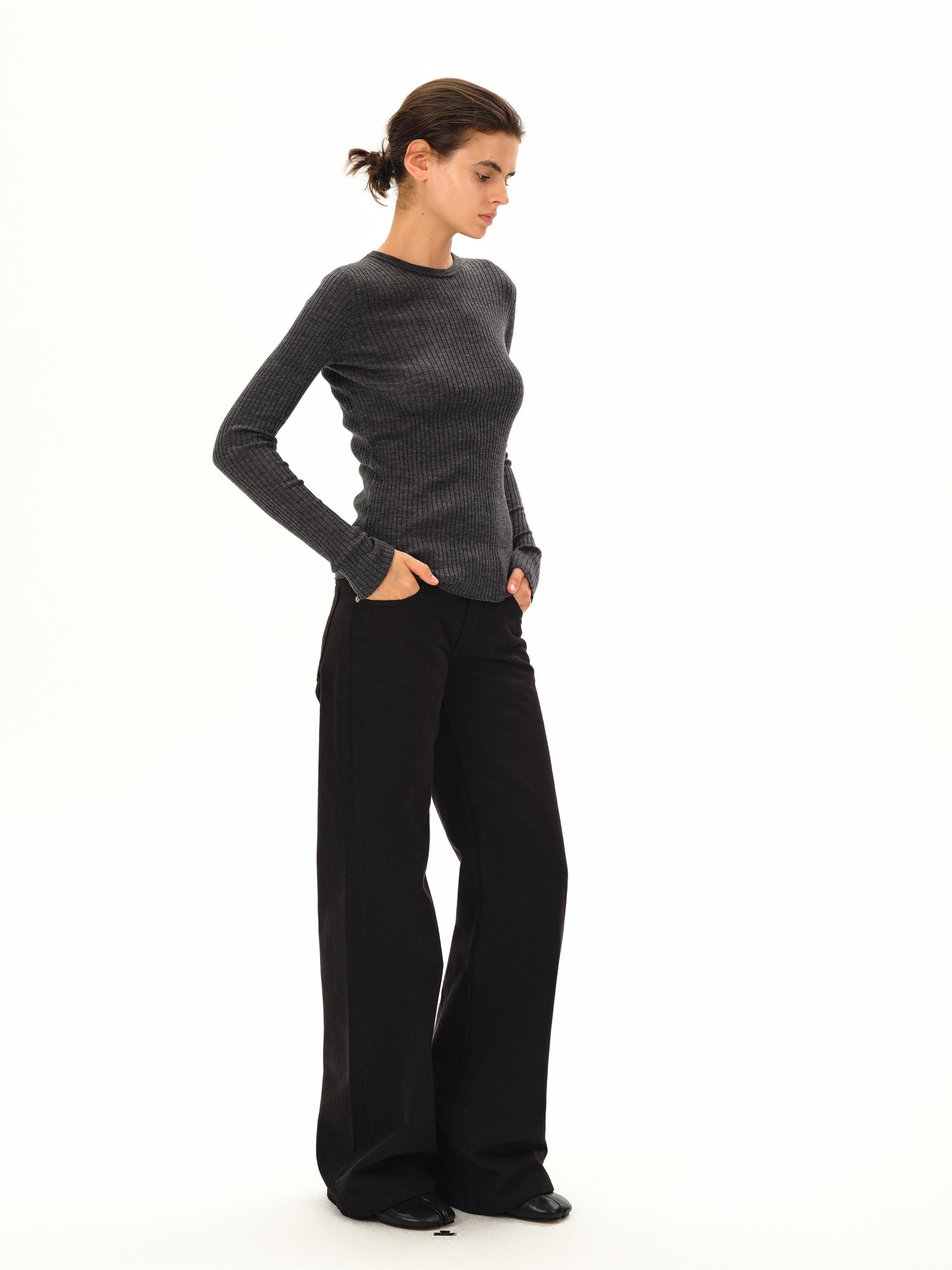 Northbutsouth Low Rise Wide Leg Black Twill Denim Trousers