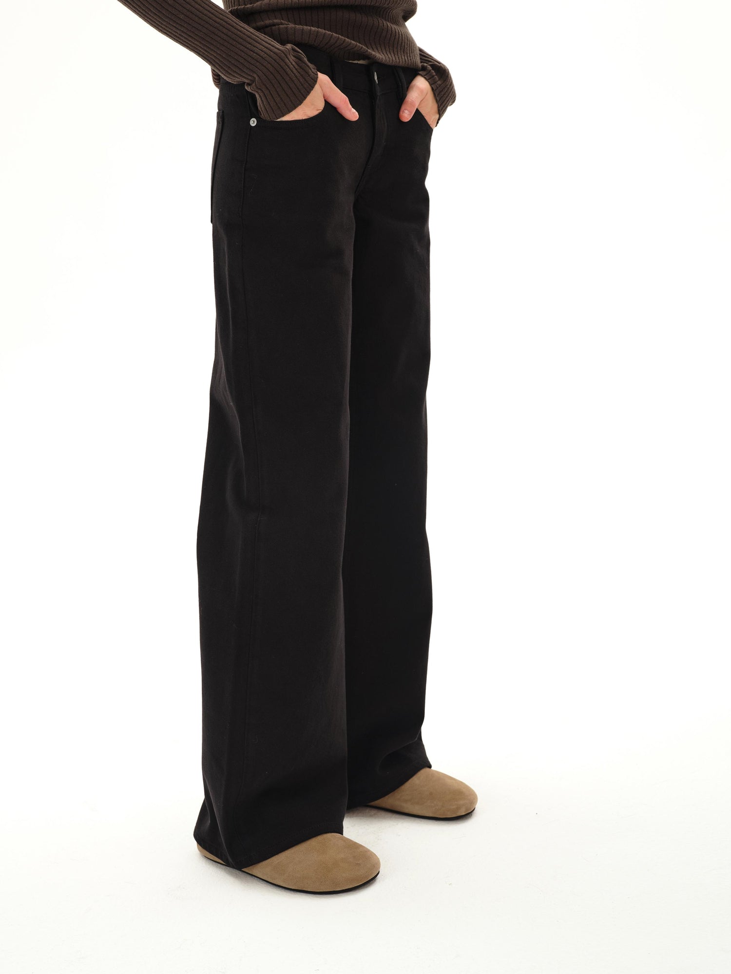 Northbutsouth Low Rise Wide Leg Black Twill Denim Trousers