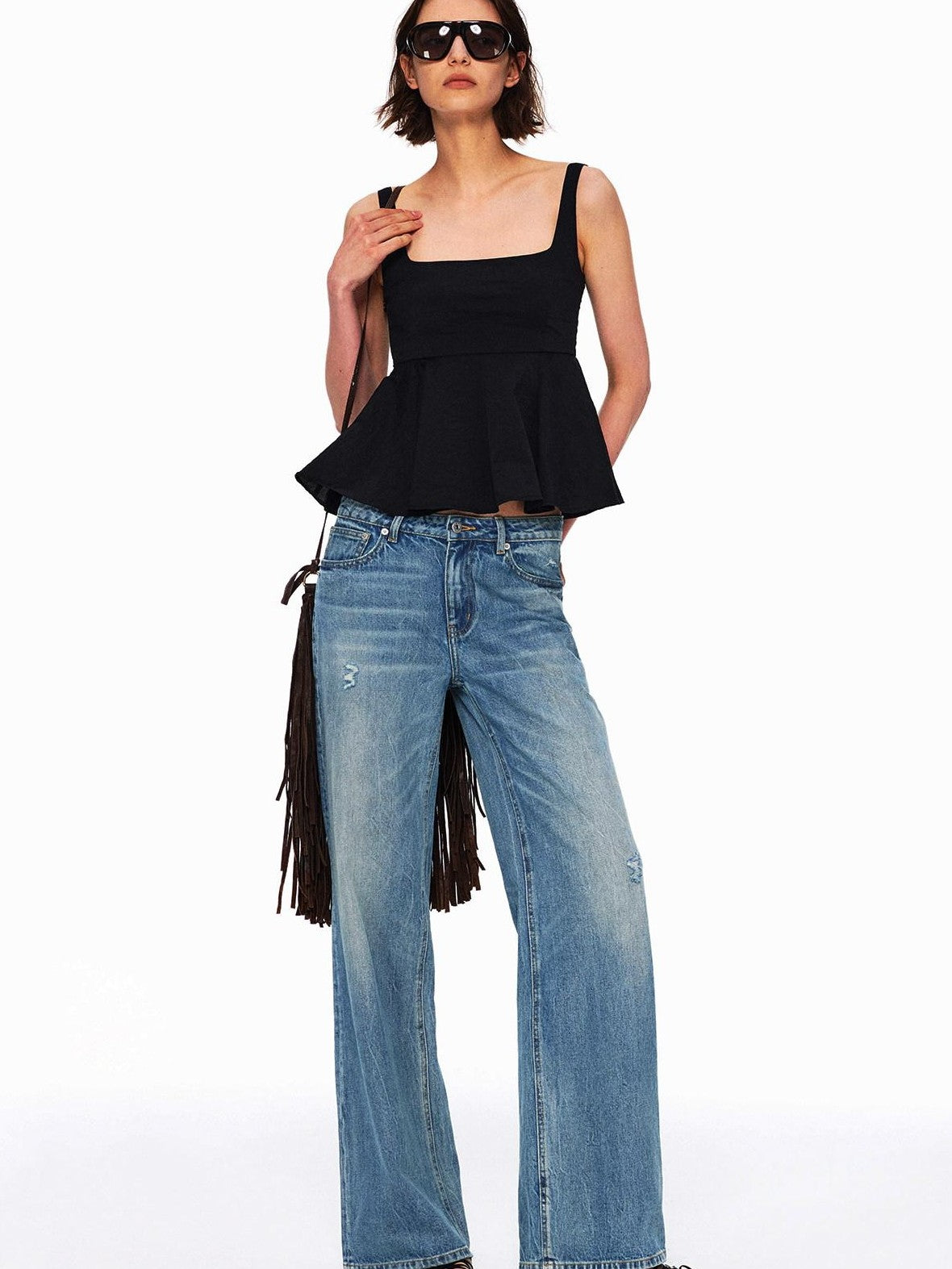Northbutsouth Micro Wrinkle Texture Ruffle Square Neck Women&
