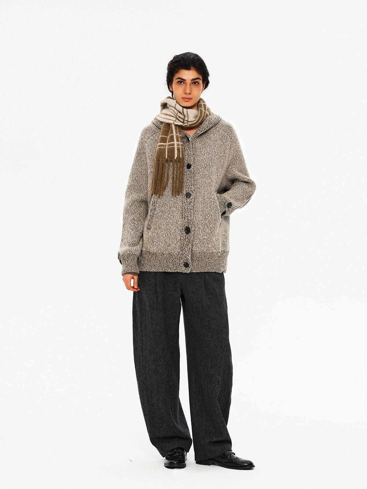 Northbutsouth Mixed Yarn Wide Placket Button Straight Hooded Women&