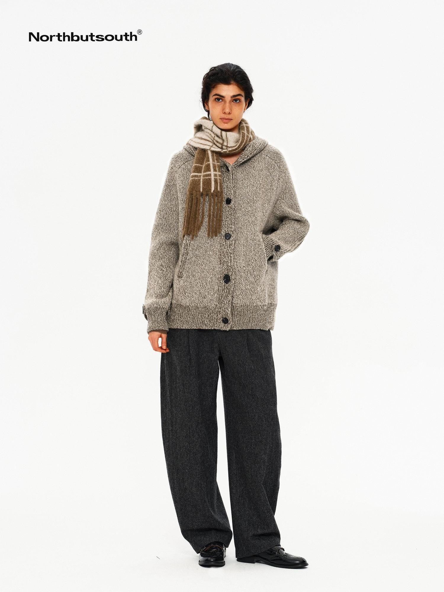 Northbutsouth Mixed Yarn Wide Placket Button Straight Hooded Women&